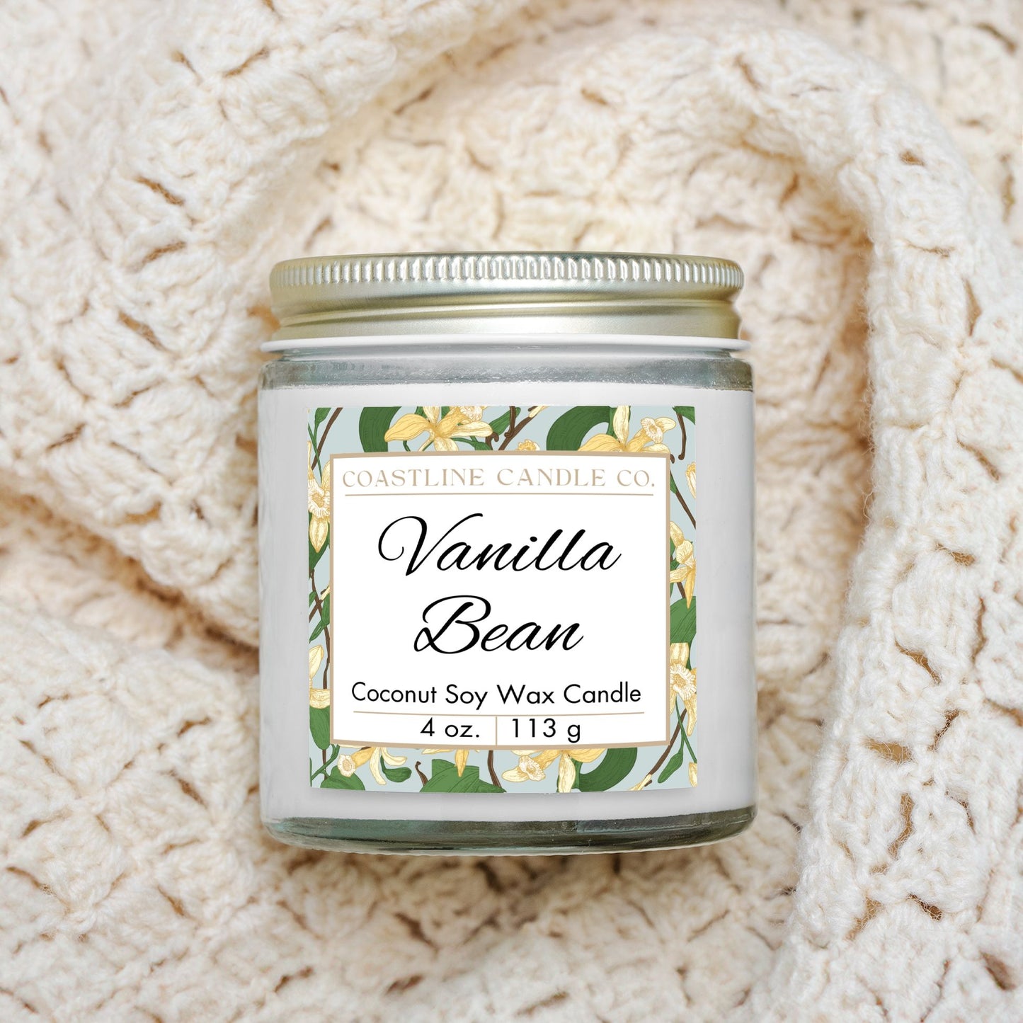 Vanilla Bean Scented 4 oz. Coconut Soy Wax Candle, Clear Jar with Gold Lid, Cotton Wick