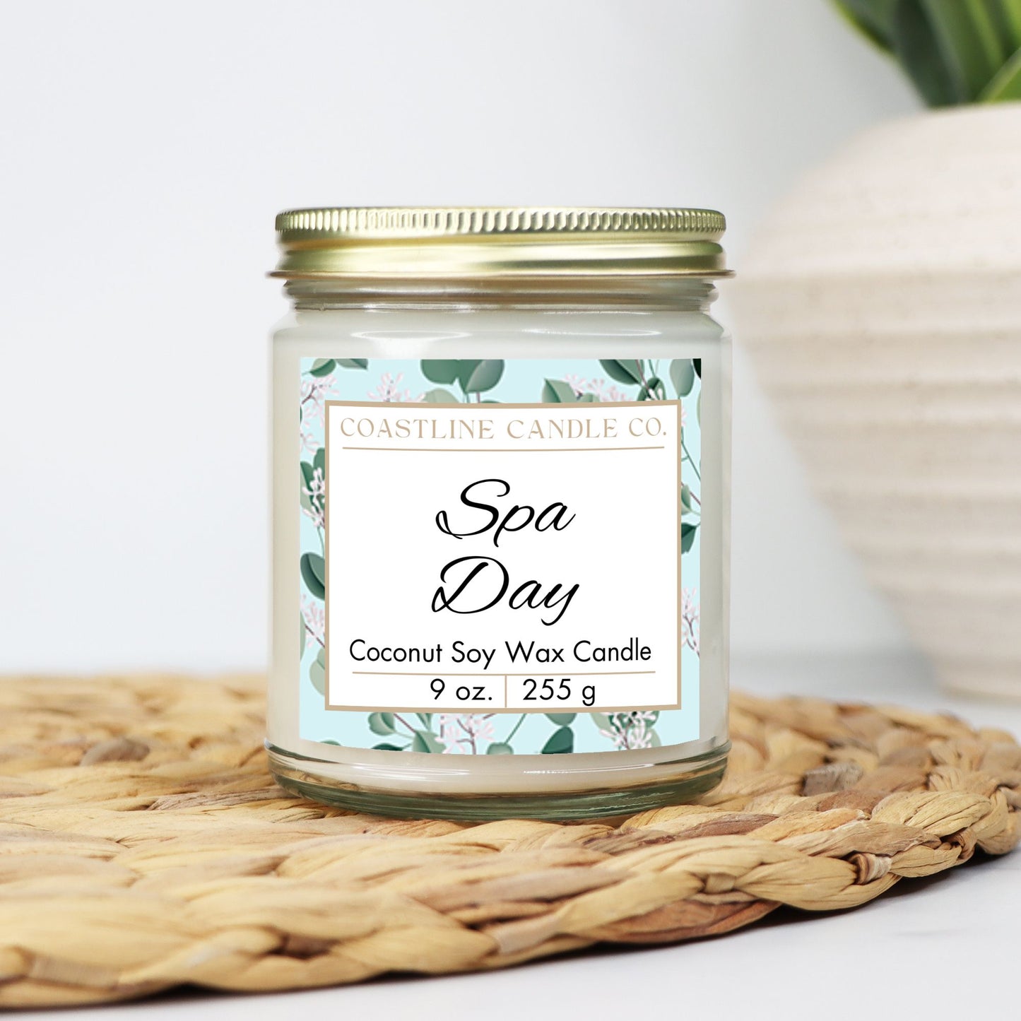 Spa Day Scented 9 oz. Coconut Soy Wax Candle, Clear Jar with Gold Lid, Cotton Wick