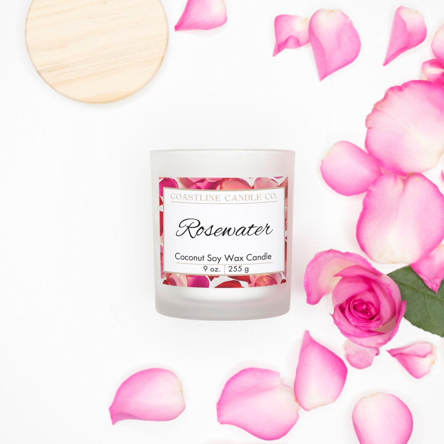 Rosewater Scented 9 oz. Coconut Soy Wax Candle, Frosted Jar with Pink Wood Wick and Maple Wood Lid