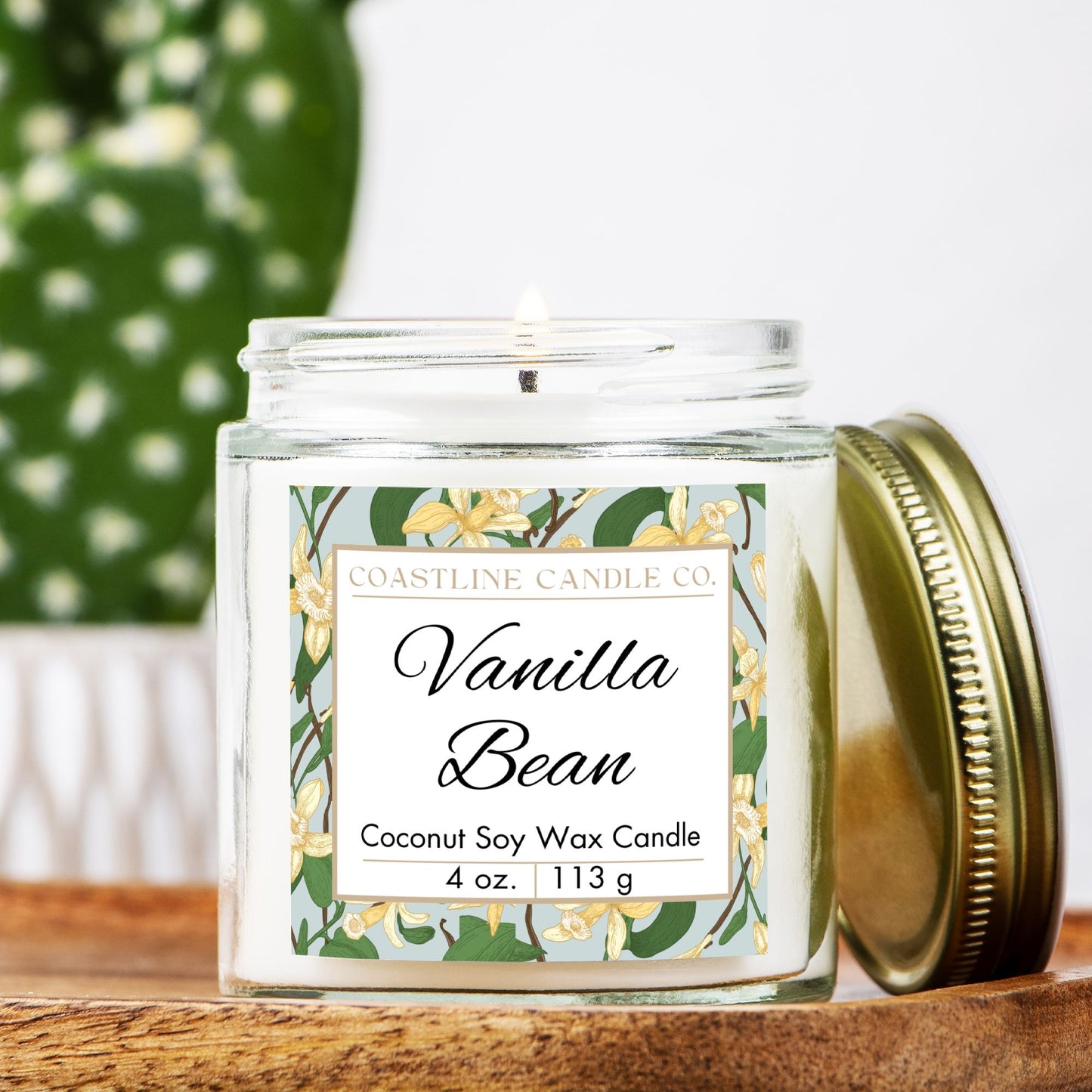 Vanilla Bean Scented 4 oz. Coconut Soy Wax Candle, Clear Jar with Gold Lid, Cotton Wick