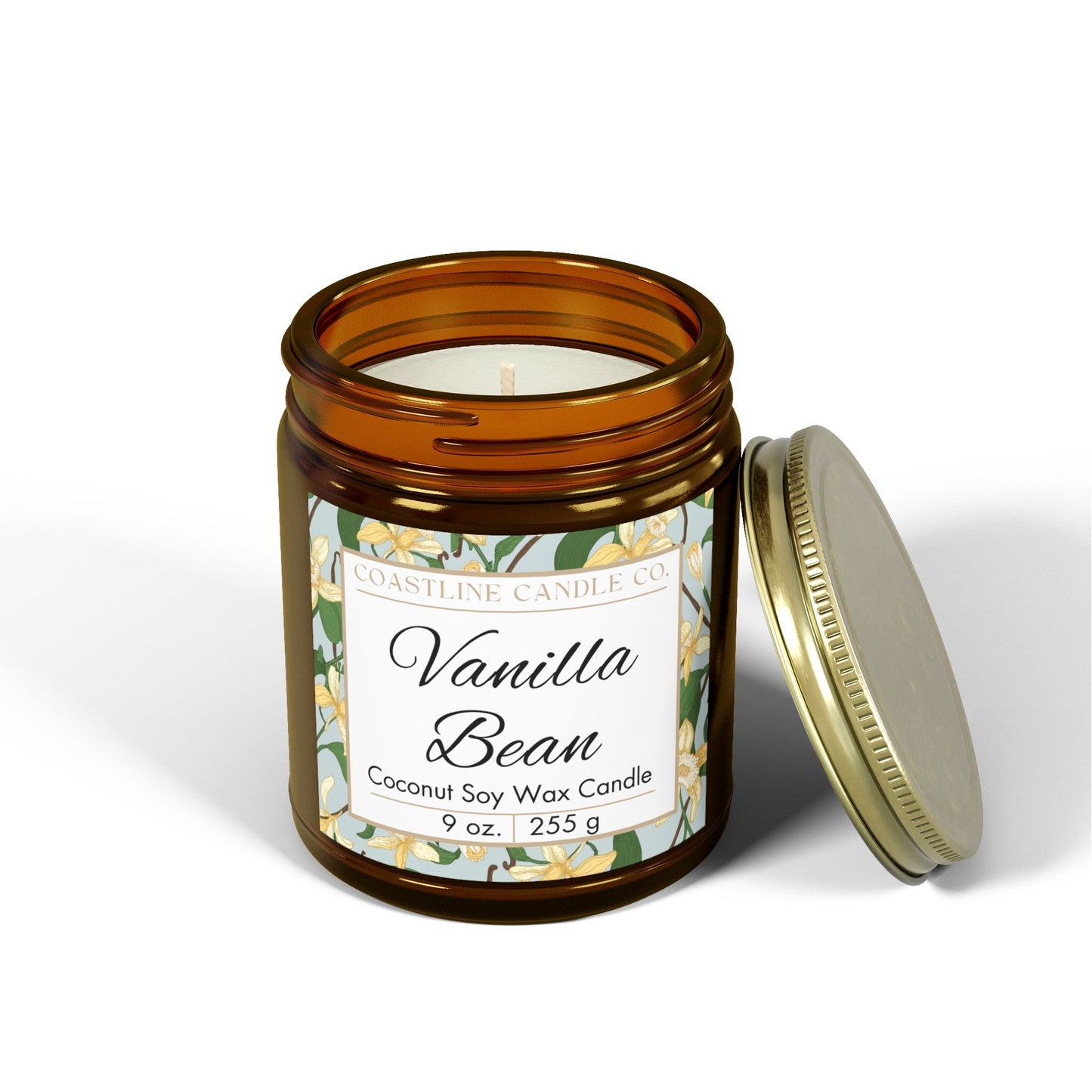 Vanilla Bean Scented Coconut Soy Wax Candle, 9 oz. Amber Jar with Gold Lid