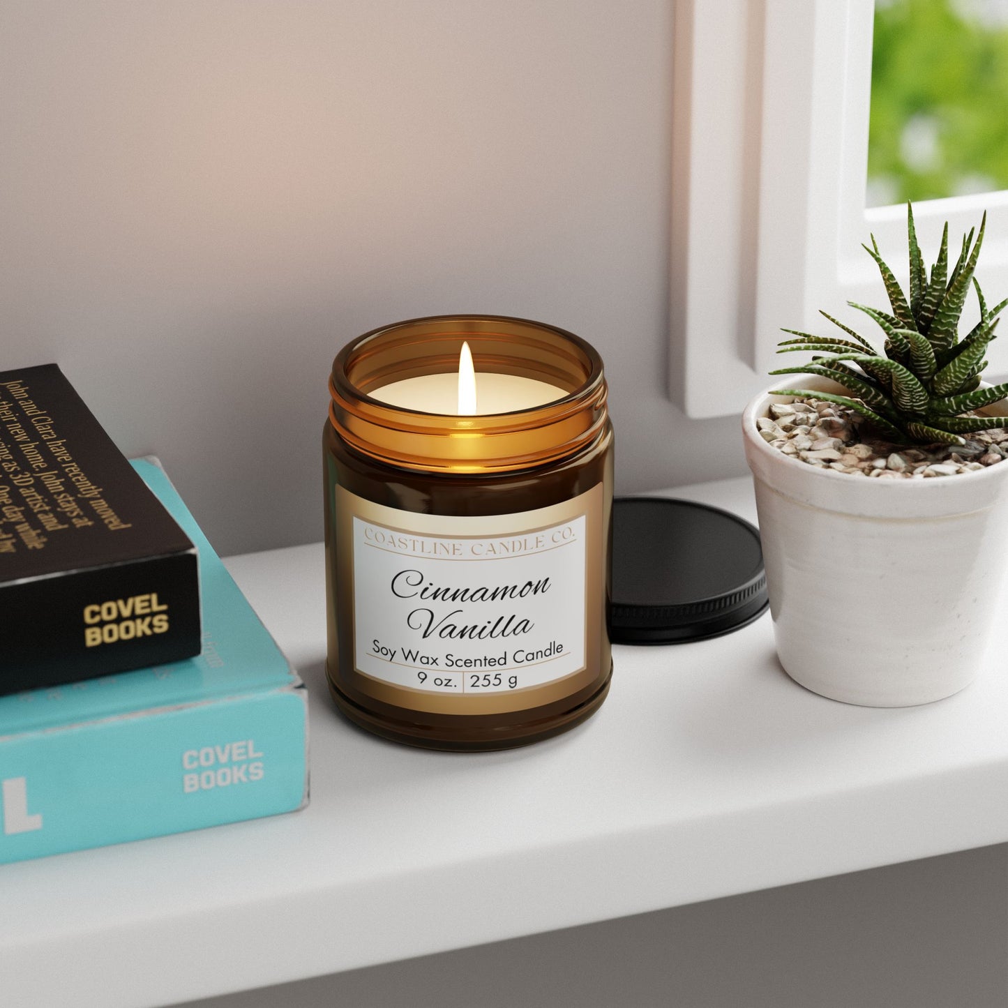 Cinnamon Vanilla Scented Soy Wax Candle, 9oz Amber Jar with Black Lid