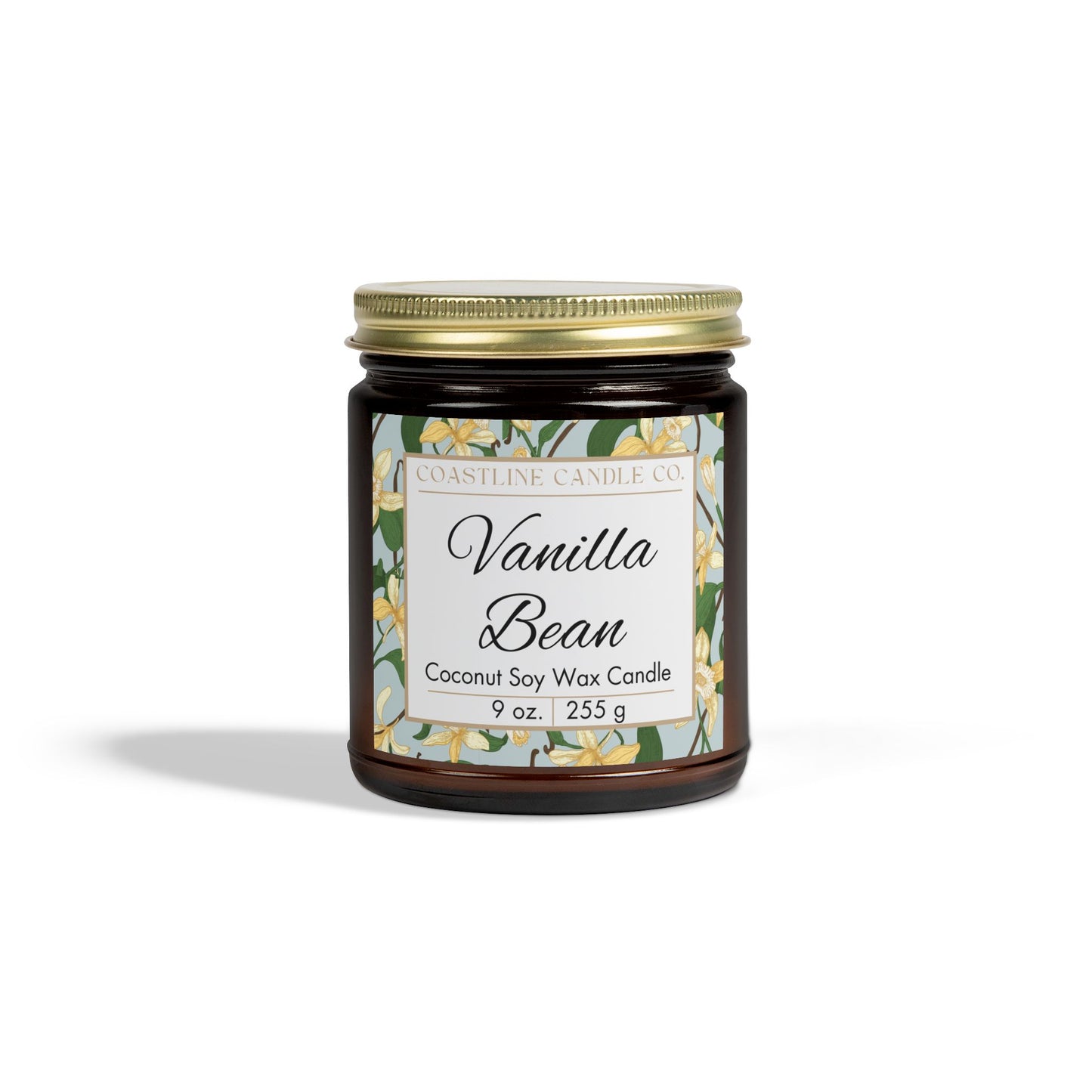 Vanilla Bean Scented Coconut Soy Wax Candle, 9 oz. Amber Jar with Gold Lid
