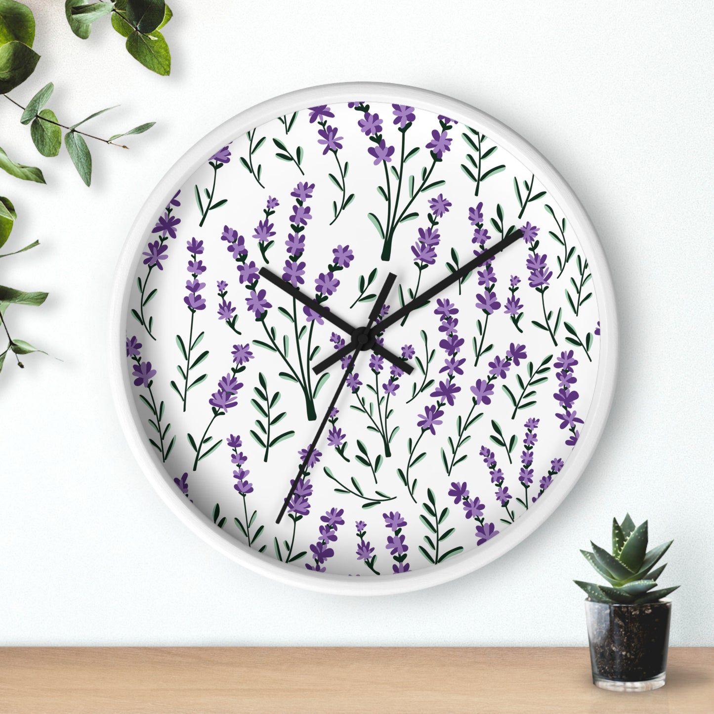 Lavender White Wall Clock - Select from Black, White or Natural Wood Color