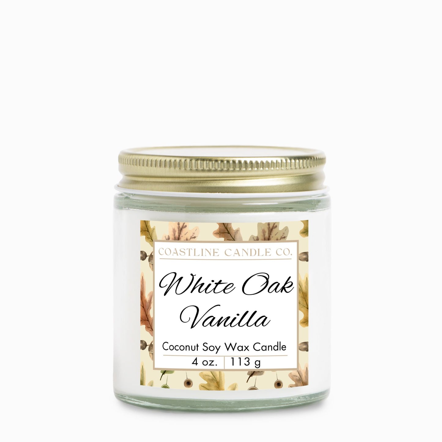 White Oak Vanilla Scented 4 oz. Coconut Soy Wax Candle, Clear Jar with Gold Lid, Cotton Wick