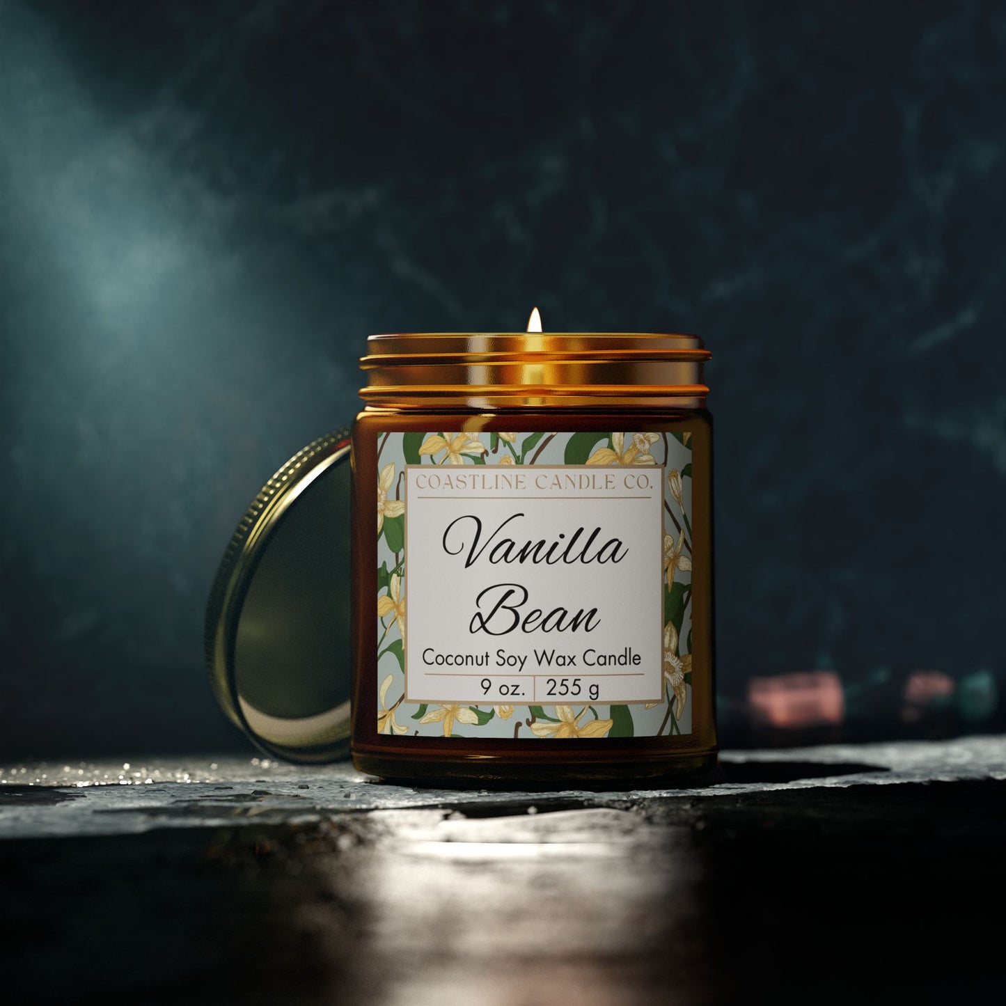 Vanilla Bean Scented Coconut Soy Wax Candle, 9 oz. Amber Jar with Gold Lid