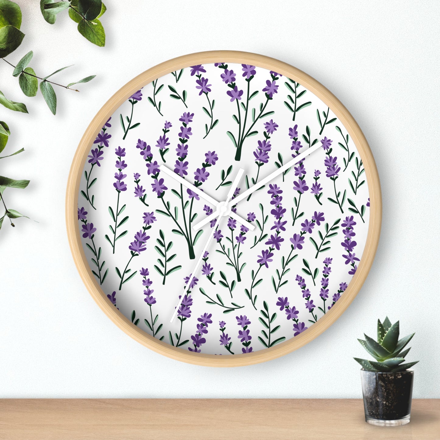 Lavender White Wall Clock - Select from Black, White or Natural Wood Color