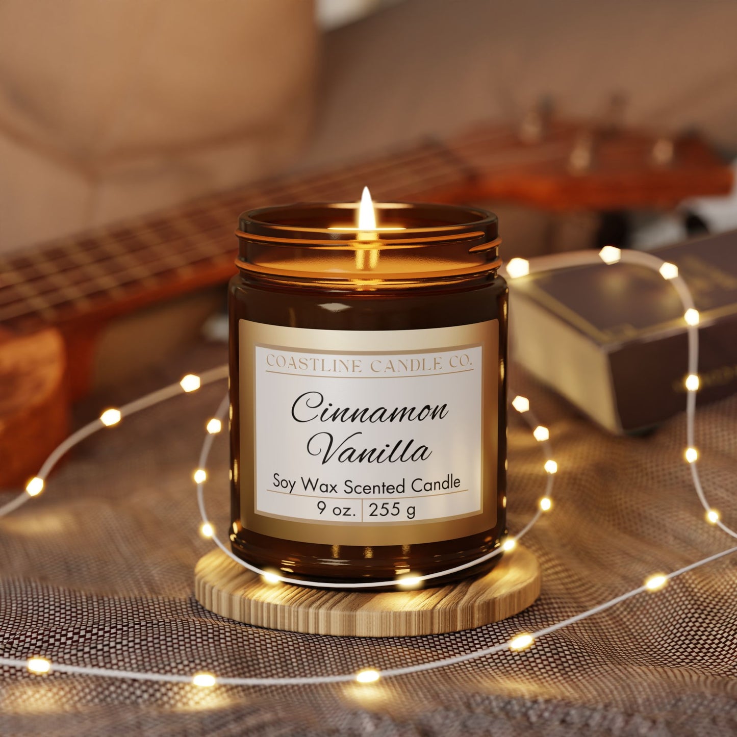 Cinnamon Vanilla Scented Soy Wax Candle, 9oz Amber Jar with Black Lid