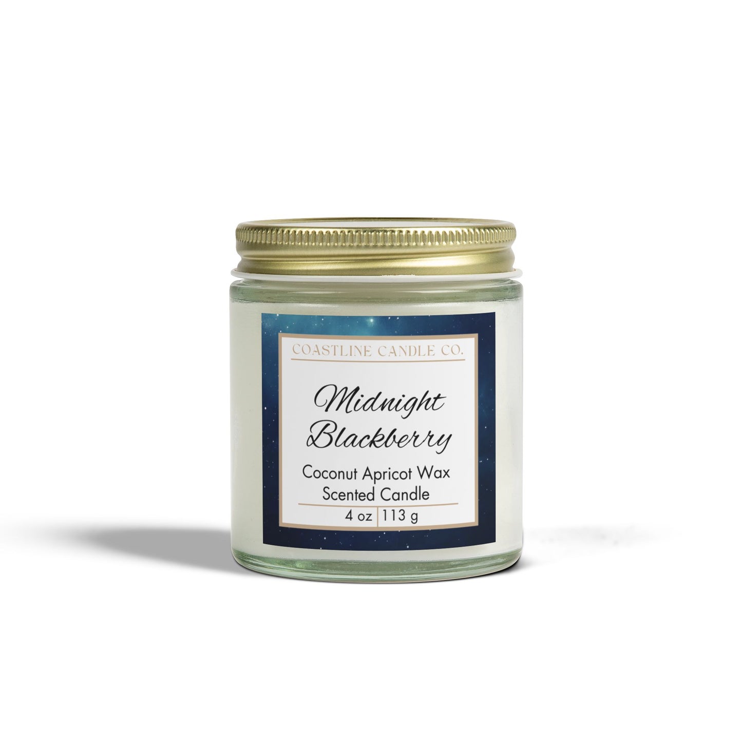 Midnight Blackberry Scented Coconut Apricot Wax Candle, 4 oz. Clear Jar with Gold Lid
