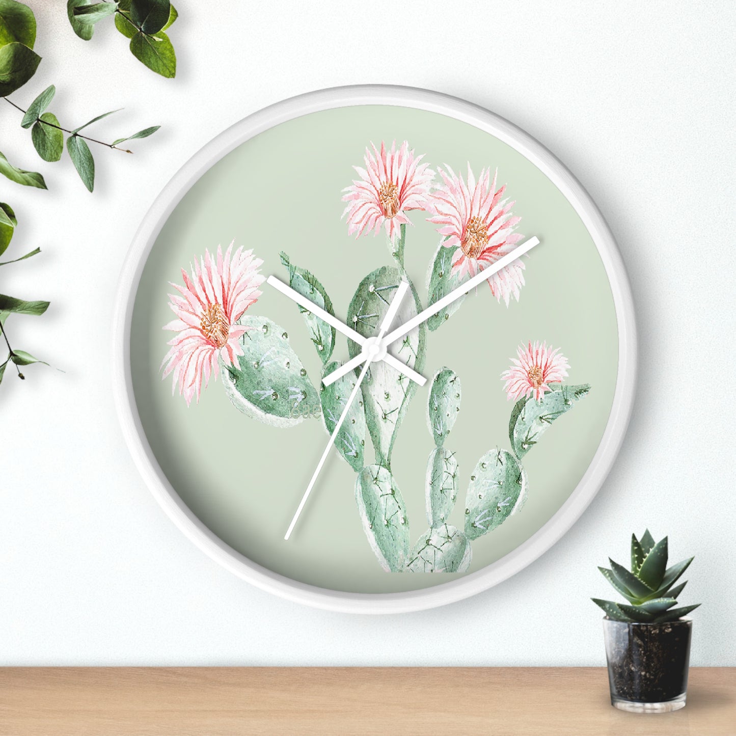 Cactus Flower Wall Clock - Select from Black, White or Natural Wood Color