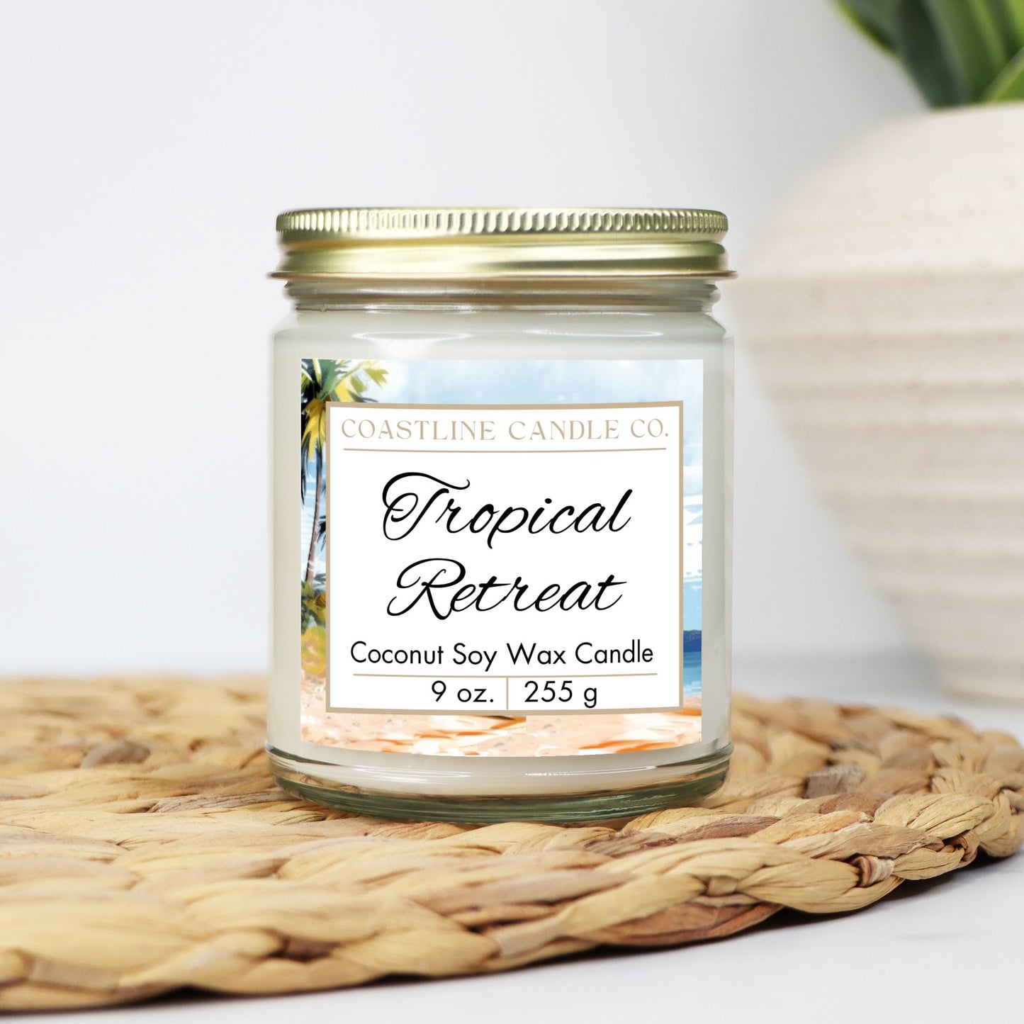 Tropical Retreat Scented 9 oz. Coconut Soy Wax Candle, Clear Jar with Gold Lid, Cotton Wick