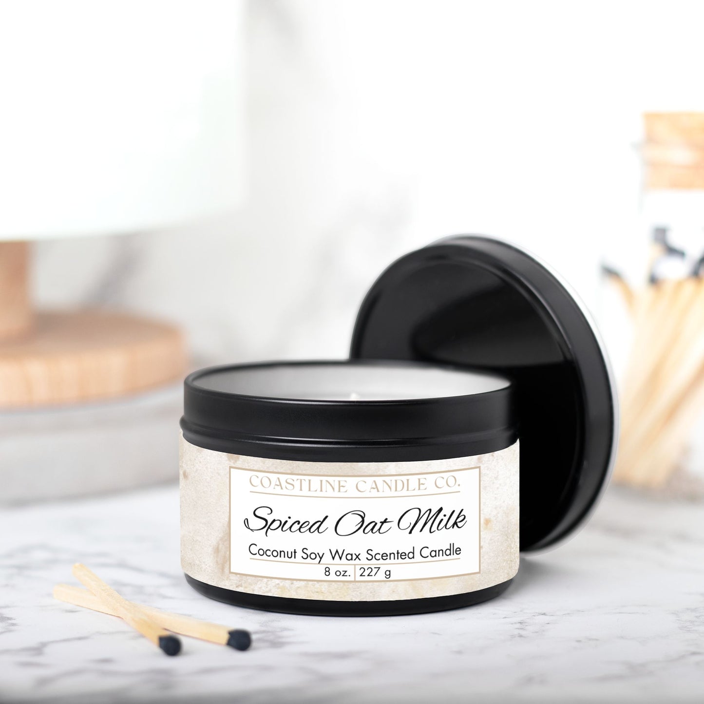 Spiced Oat Milk Scented Coconut Soy Wax Candle, 8 oz. Black Tin Jar with Lid