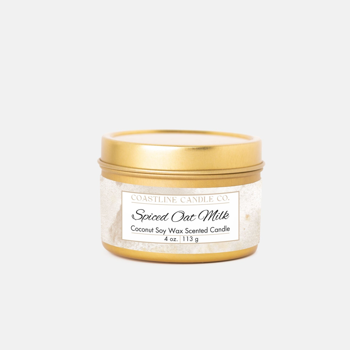 Spiced Oat Milk Scented Coconut Soy Wax Candle, 4 oz. Gold Tin Jar with Lid
