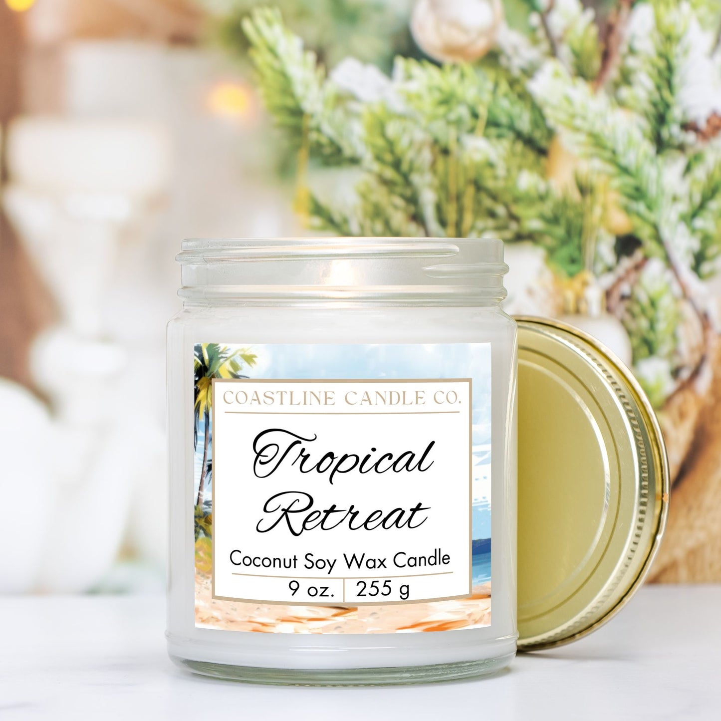 Tropical Retreat Scented 9 oz. Coconut Soy Wax Candle, Clear Jar with Gold Lid, Cotton Wick