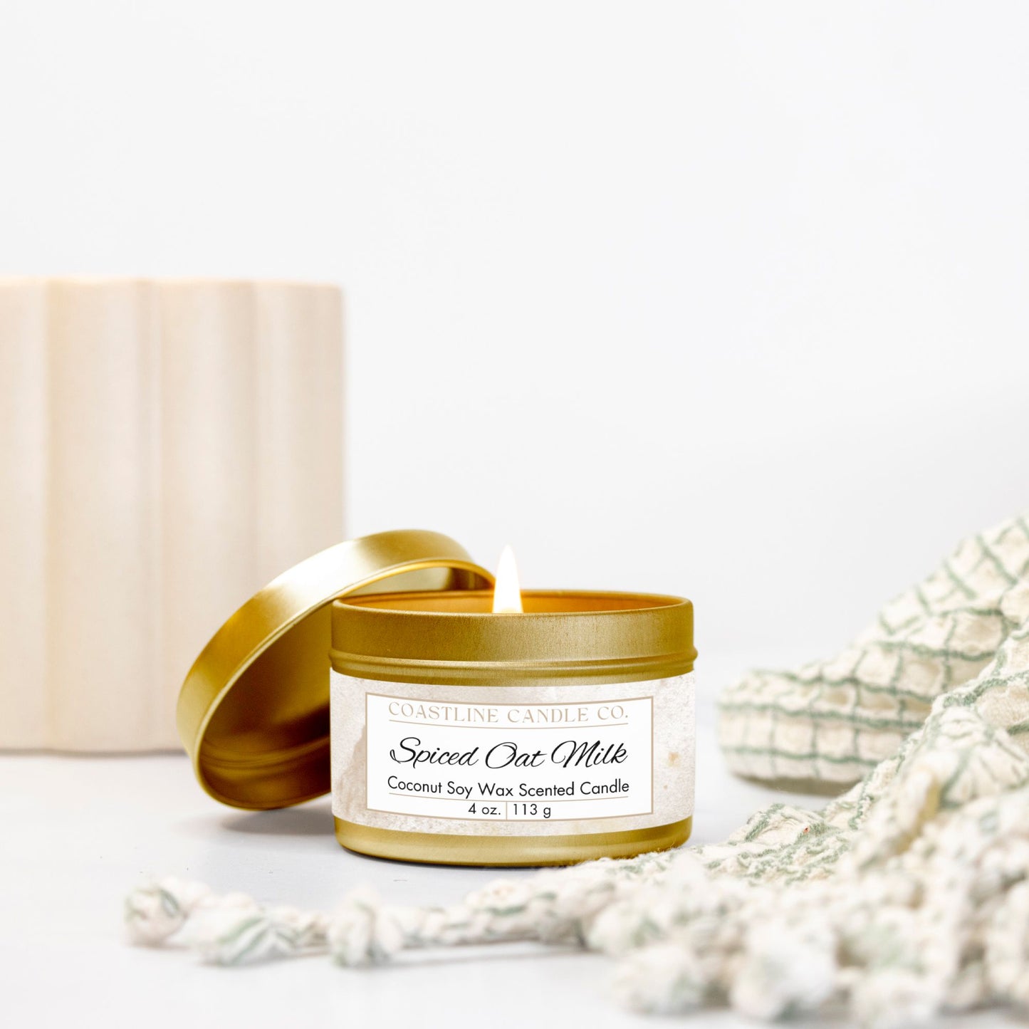 Spiced Oat Milk Scented Coconut Soy Wax Candle, 4 oz. Gold Tin Jar with Lid