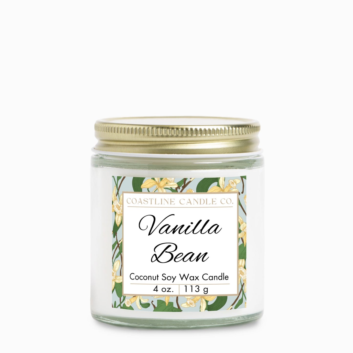 Vanilla Bean Scented 4 oz. Coconut Soy Wax Candle, Clear Jar with Gold Lid, Cotton Wick