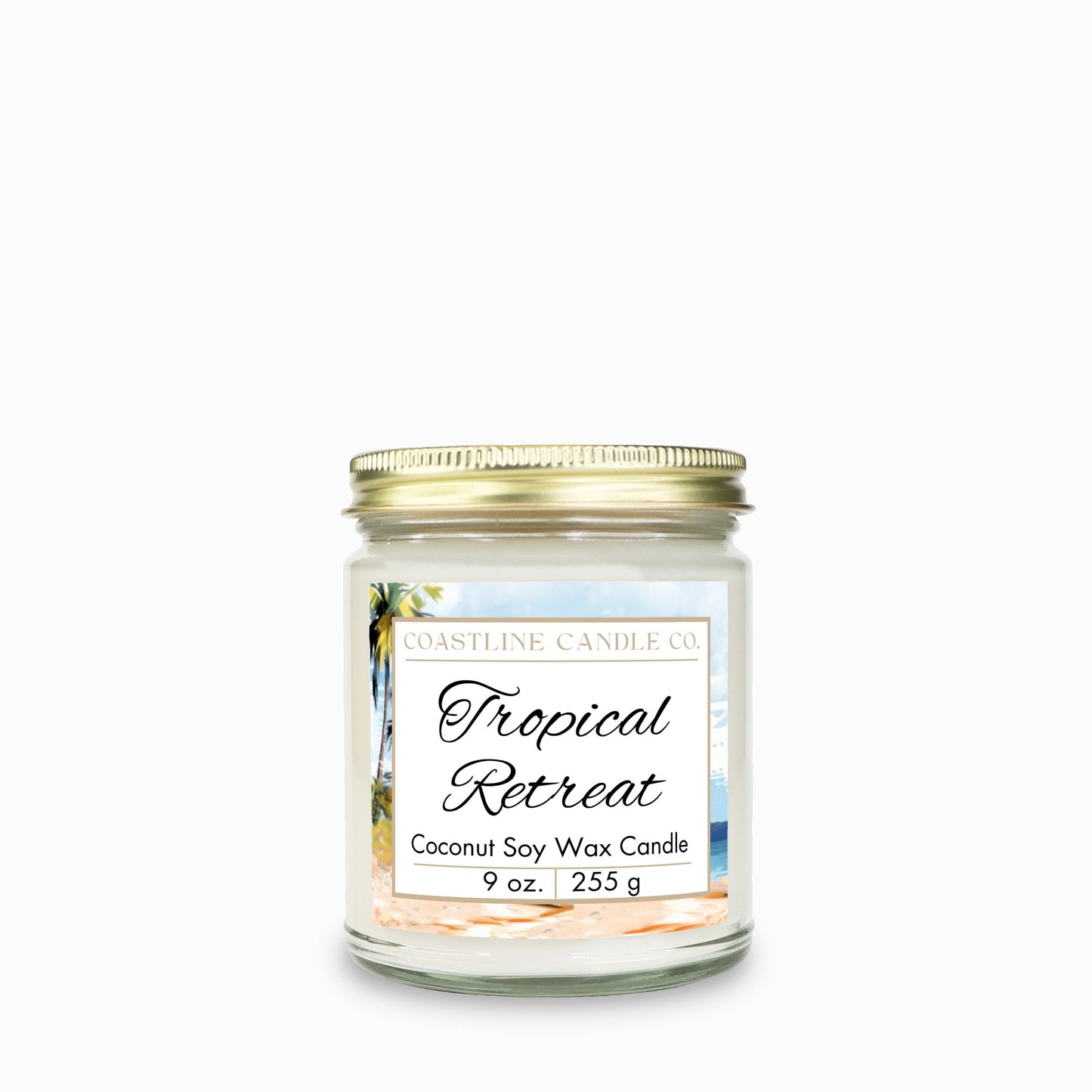 Tropical Retreat Scented 9 oz. Coconut Soy Wax Candle, Clear Jar with Gold Lid, Cotton Wick