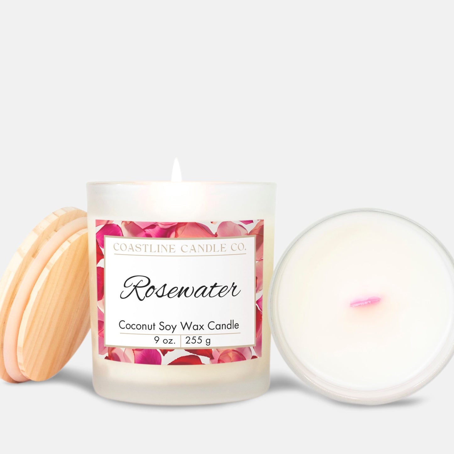 Rosewater Scented 9 oz. Coconut Soy Wax Candle, Frosted Jar with Pink Wood Wick and Maple Wood Lid