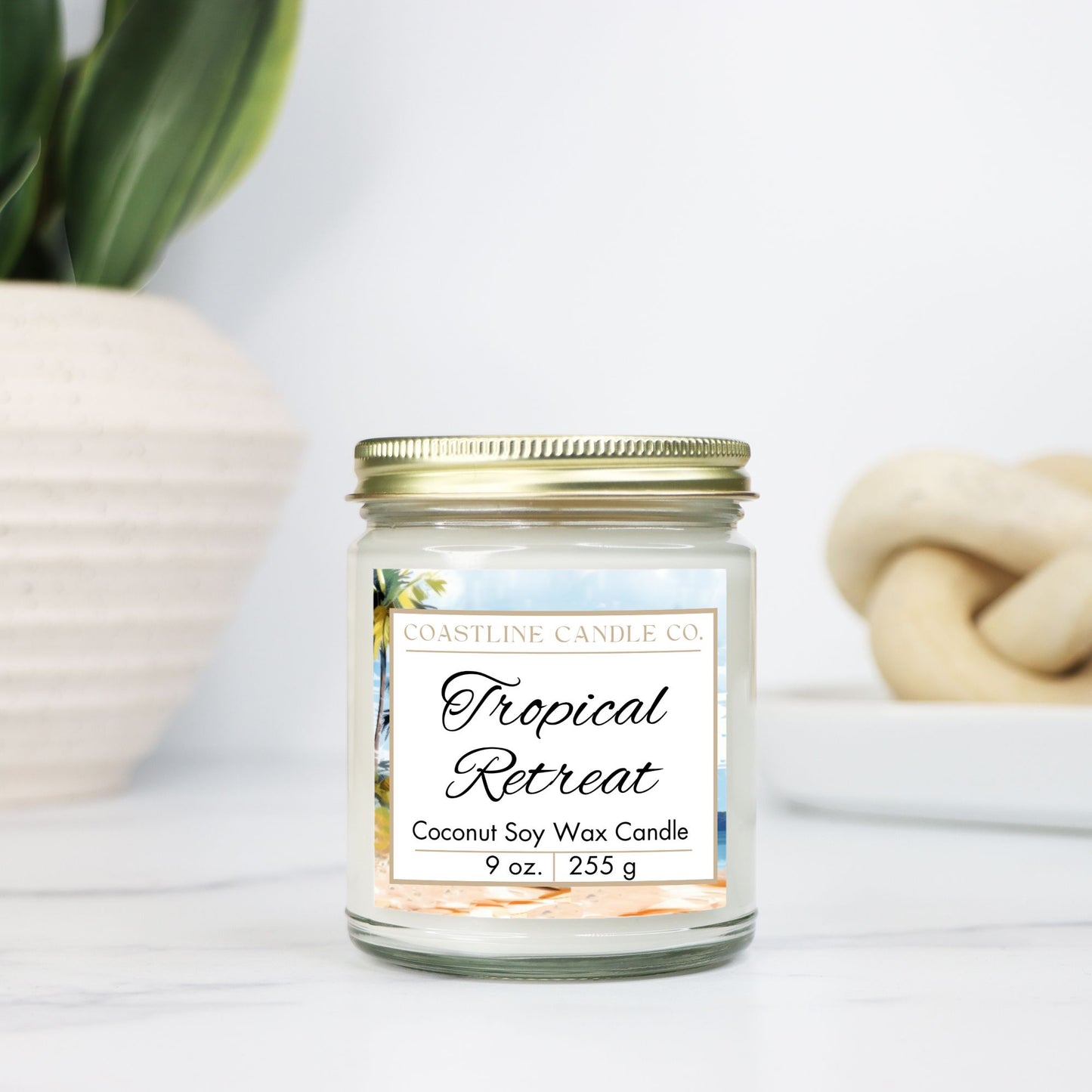 Tropical Retreat Scented 9 oz. Coconut Soy Wax Candle, Clear Jar with Gold Lid, Cotton Wick