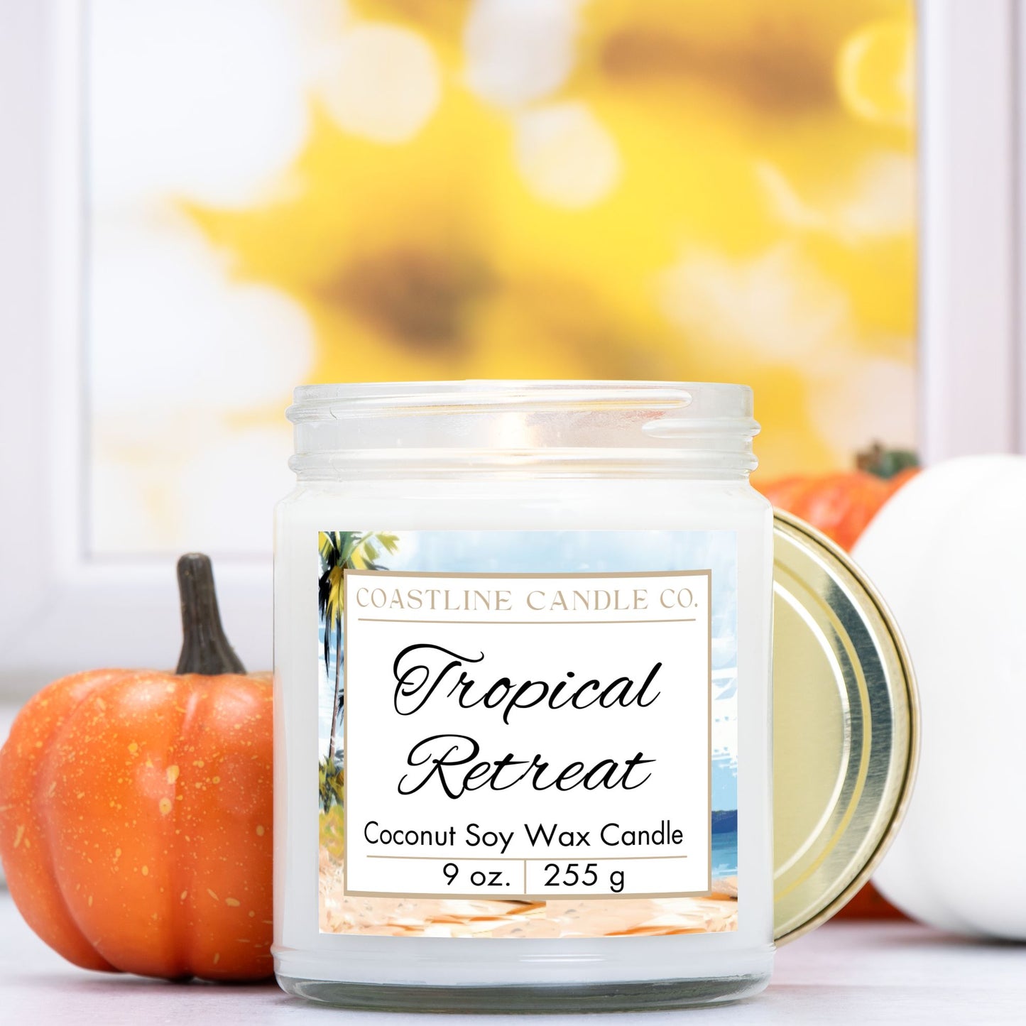 Tropical Retreat Scented 9 oz. Coconut Soy Wax Candle, Clear Jar with Gold Lid, Cotton Wick