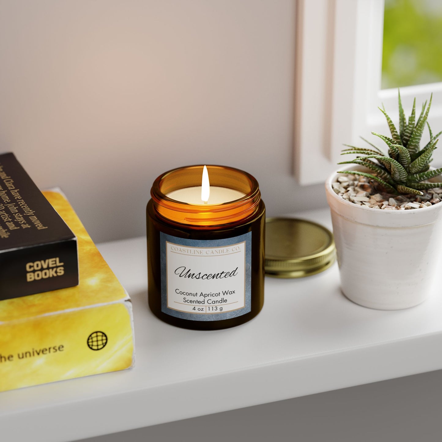 Unscented Coconut Apricot Wax Candle, 4 oz. Amber Jar with Gold Lid