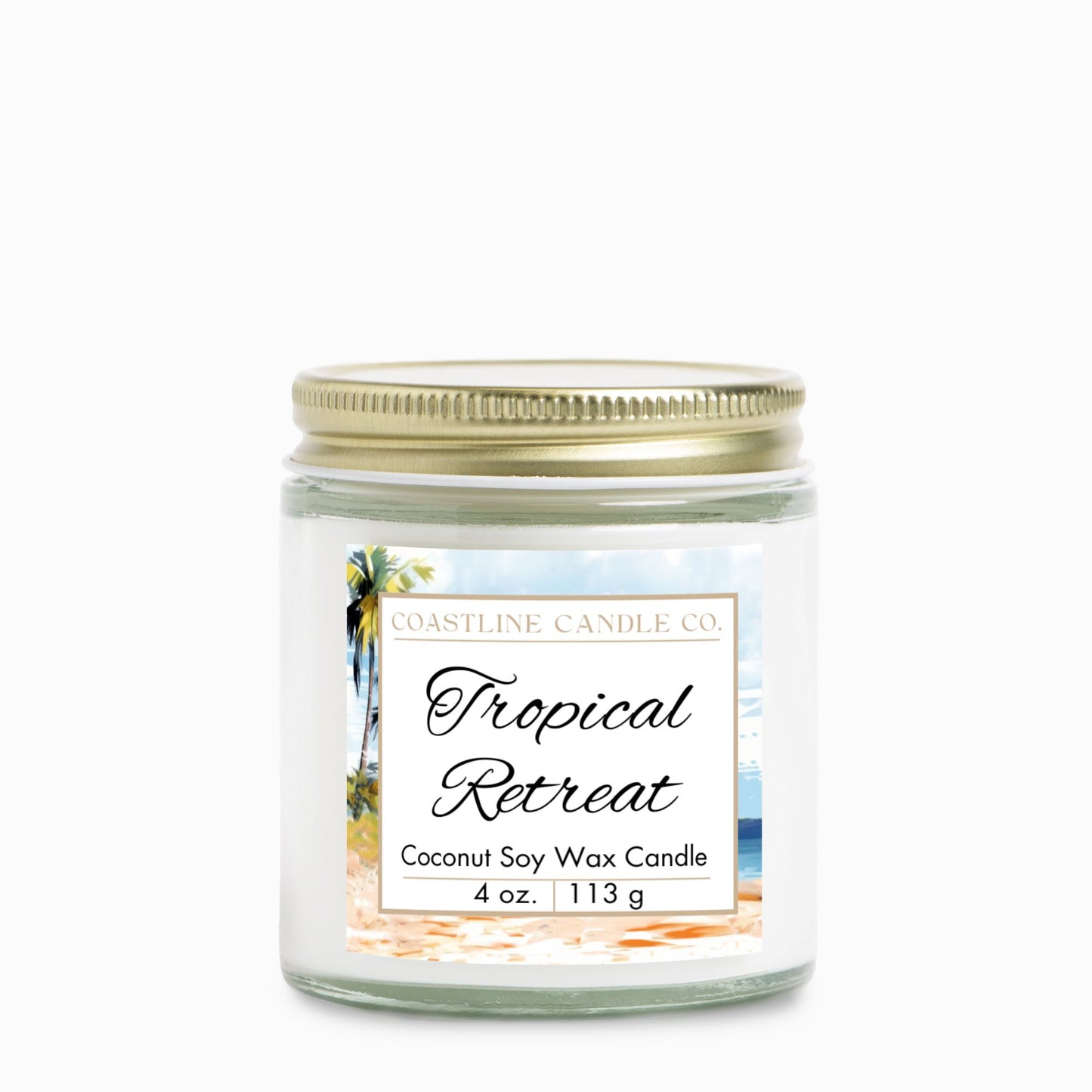 Tropical Retreat Scented 4 oz. Coconut Soy Wax Candle, Clear Jar with Gold Lid, Cotton Wick