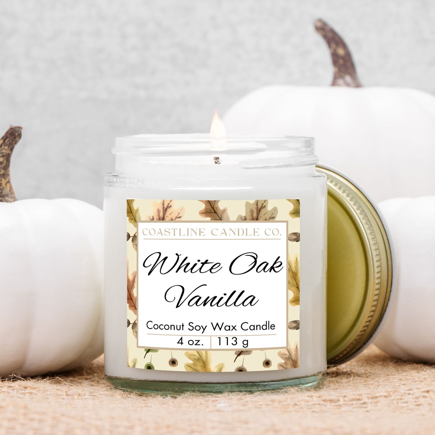White Oak Vanilla Scented 4 oz. Coconut Soy Wax Candle, Clear Jar with Gold Lid, Cotton Wick