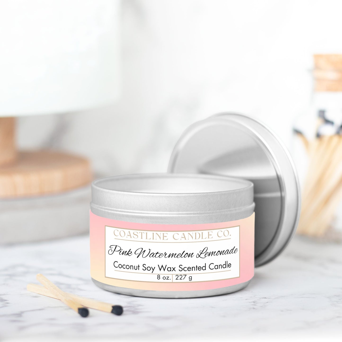 Pink Watermelon Lemonade Scented Coconut Soy Wax Candle, 8 oz. Silver Tin Jar with Lid