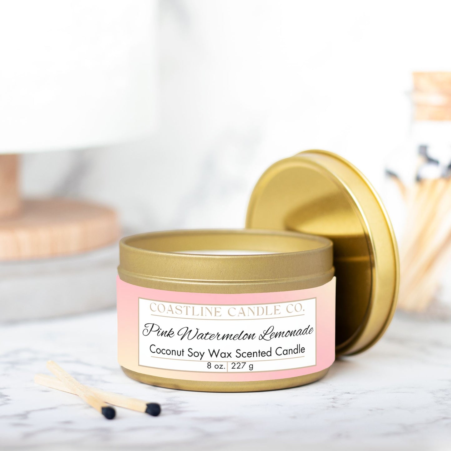Pink Watermelon Lemonade Scented Coconut Soy Wax Candle, 8 oz. Gold Tin Jar with Lid