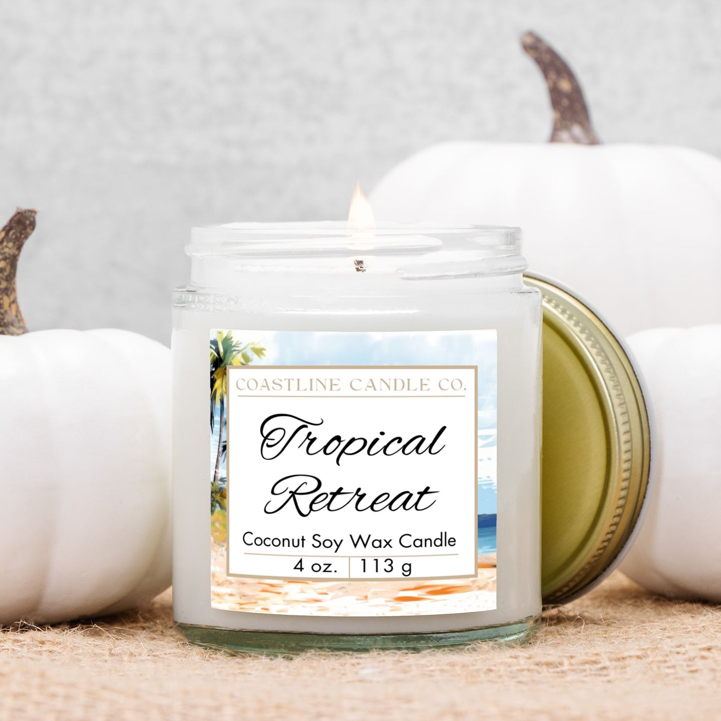 Tropical Retreat Scented 4 oz. Coconut Soy Wax Candle, Clear Jar with Gold Lid, Cotton Wick