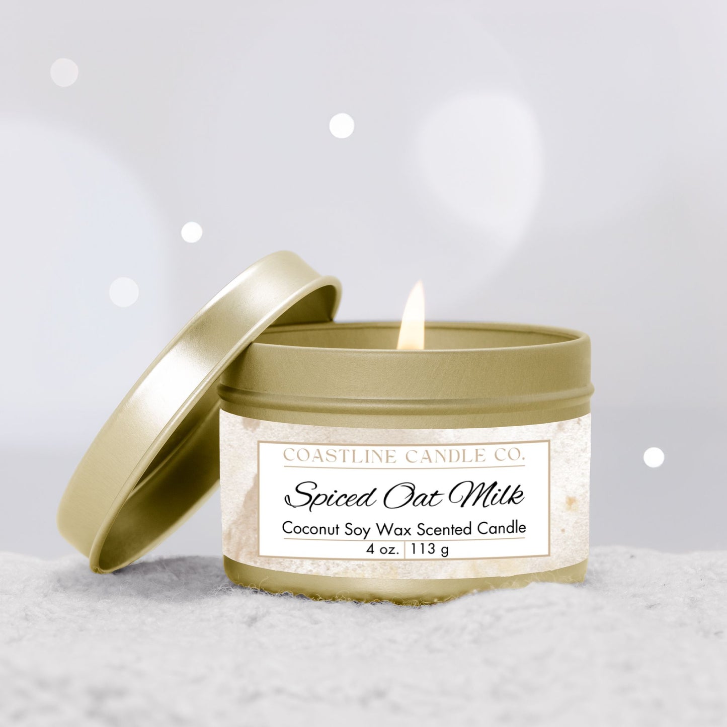 Spiced Oat Milk Scented Coconut Soy Wax Candle, 4 oz. Gold Tin Jar with Lid