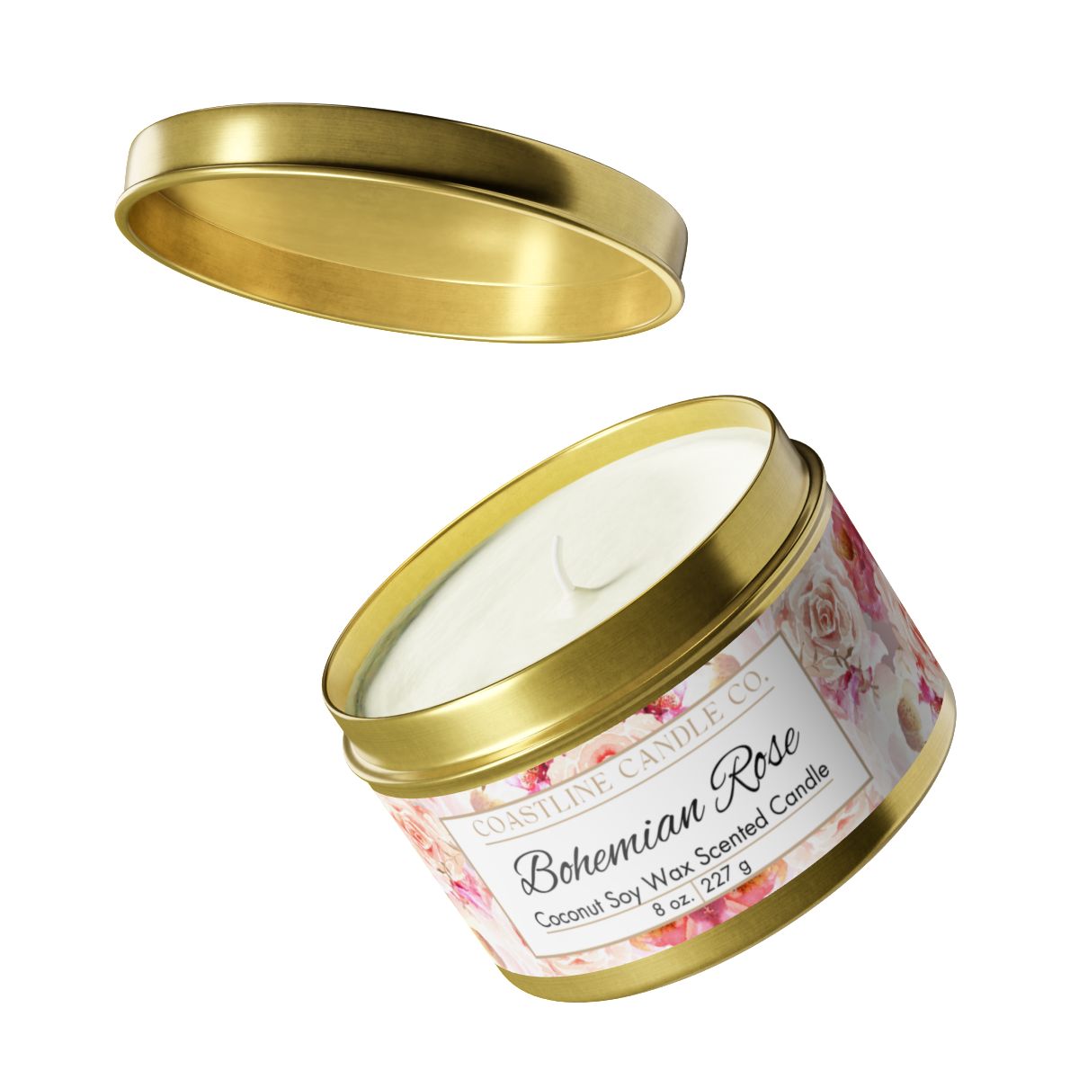 Bohemian Rose Scented Coconut Soy Wax Candle, 8 oz. Gold Tin Jar with Lid