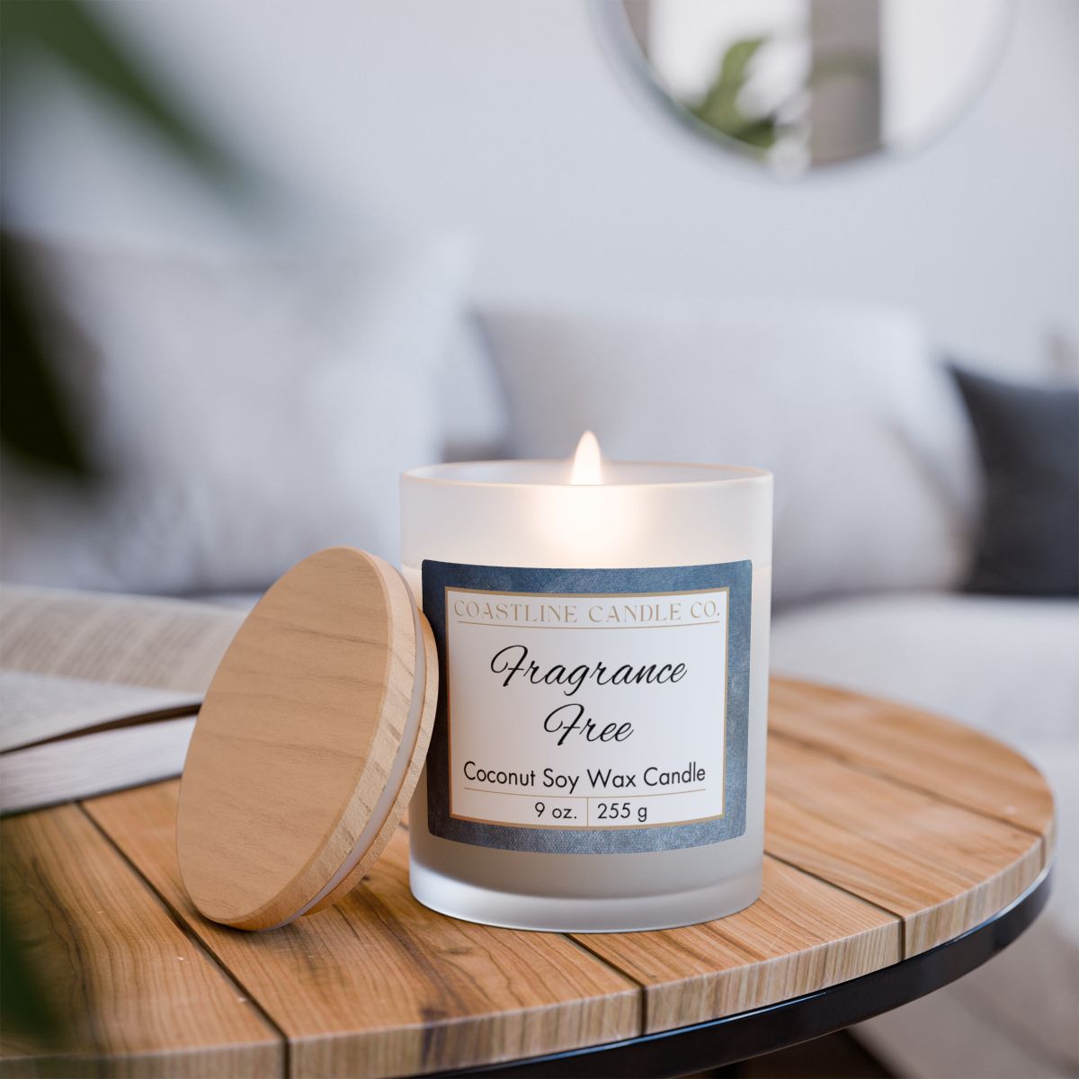 Fragrance Free 9 oz. Coconut Soy Wax Candle, Frosted Jar with Cotton Wick and Maple Wood Lid