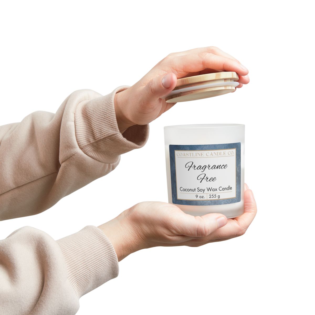 Fragrance Free 9 oz. Coconut Soy Wax Candle, Frosted Jar with Cotton Wick and Maple Wood Lid