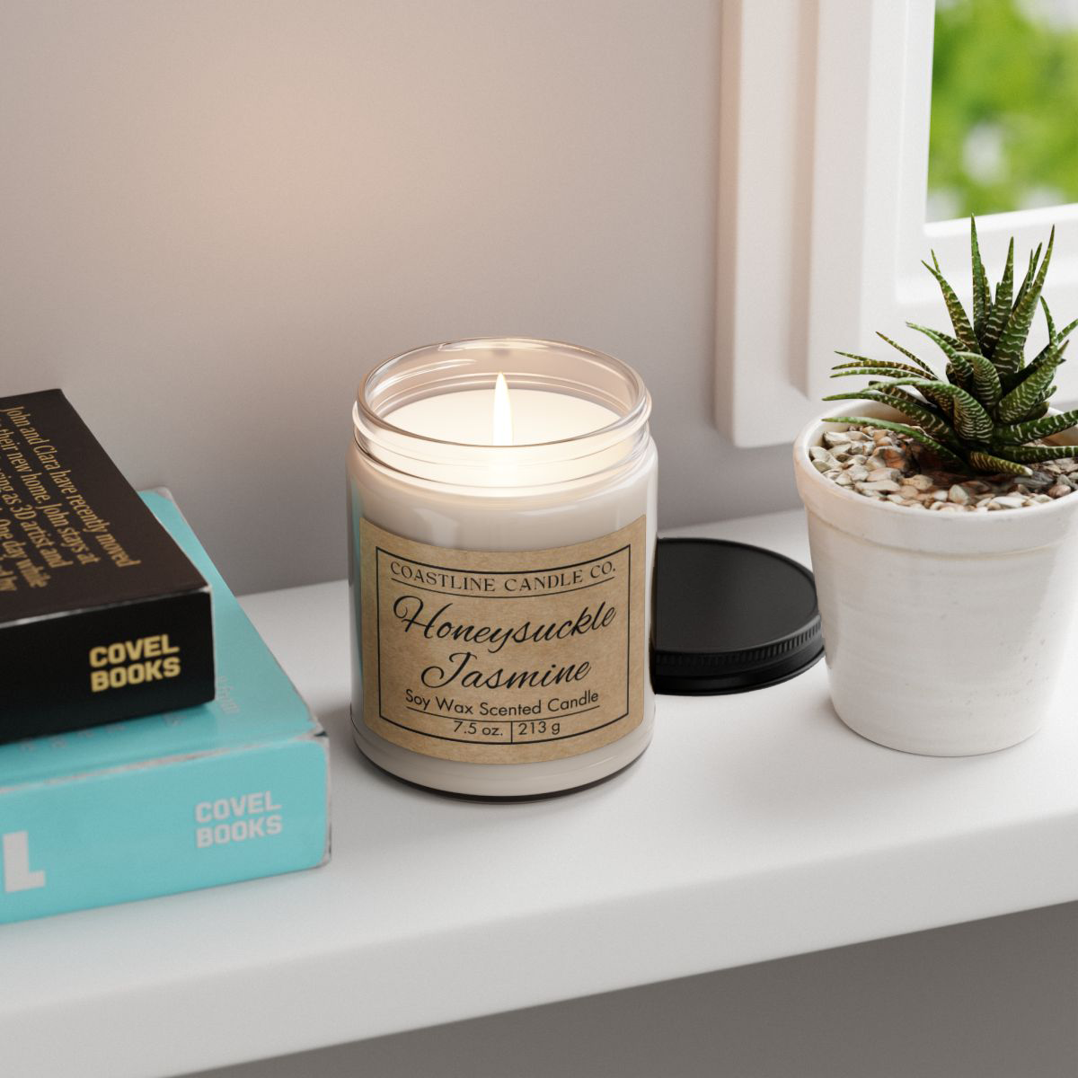 Honeysuckle Jasmine Soy Wax 7.5 oz. Scented Candle - Clear Jar with Matte Black Lid - Kraft Label