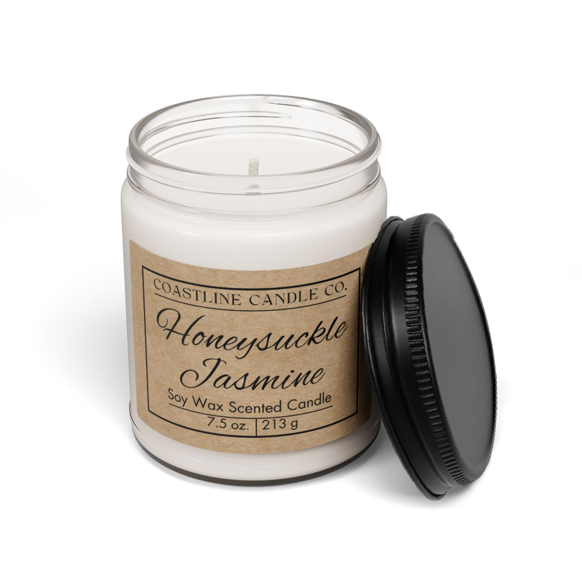 Honeysuckle Jasmine Soy Wax 7.5 oz. Scented Candle - Clear Jar with Matte Black Lid - Kraft Label