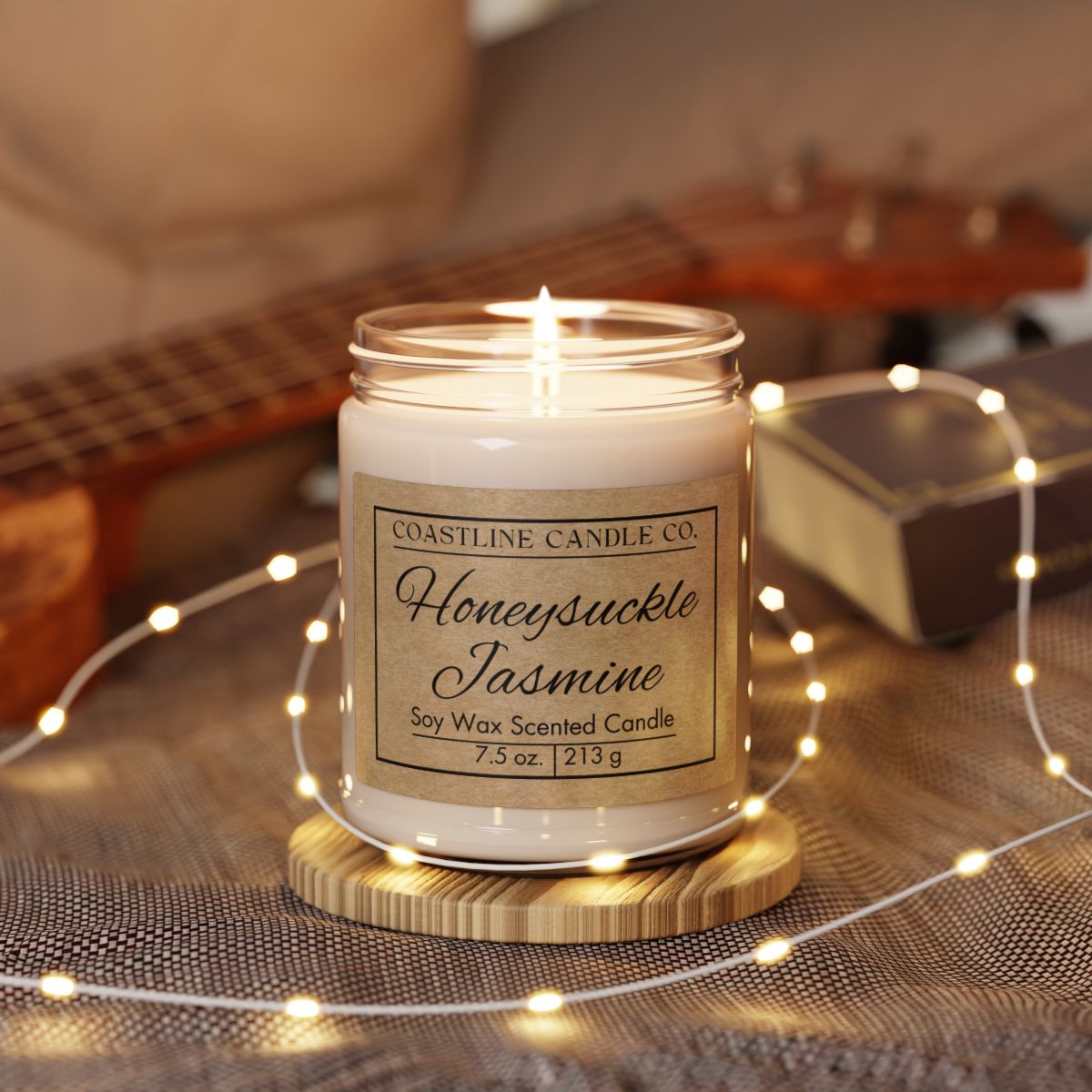Honeysuckle Jasmine Soy Wax 7.5 oz. Scented Candle - Clear Jar with Matte Black Lid - Kraft Label