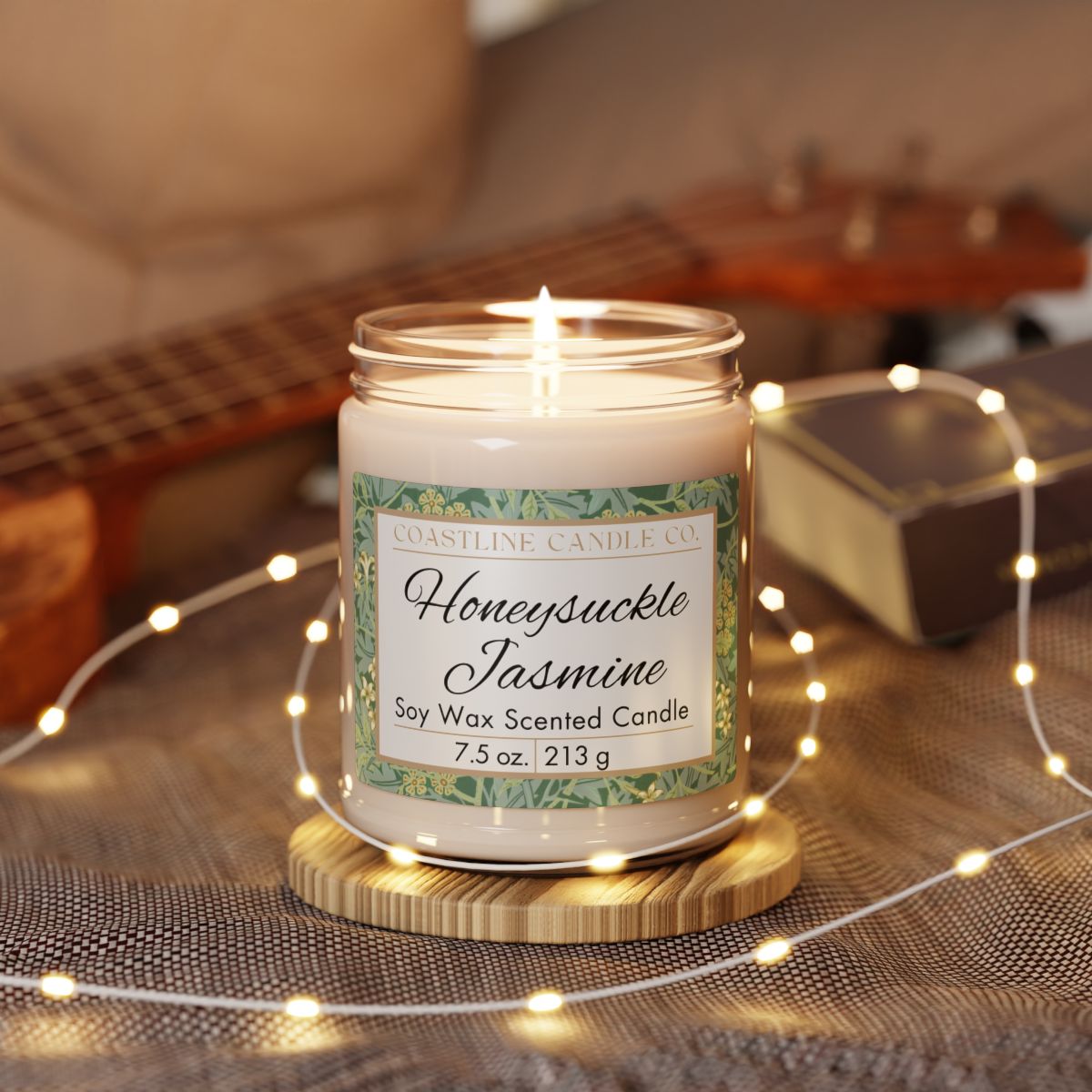 Honeysuckle Jasmine Soy Wax 7.5 oz. Scented Candle - Clear Jar with Glossy Black Lid