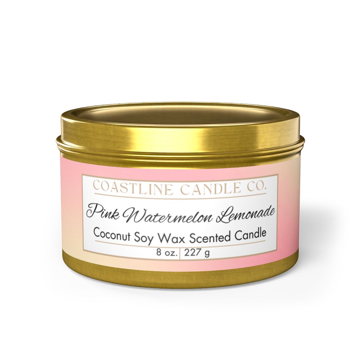 Pink Watermelon Lemonade Scented Coconut Soy Wax Candle, 8 oz. Gold Tin Jar with Lid