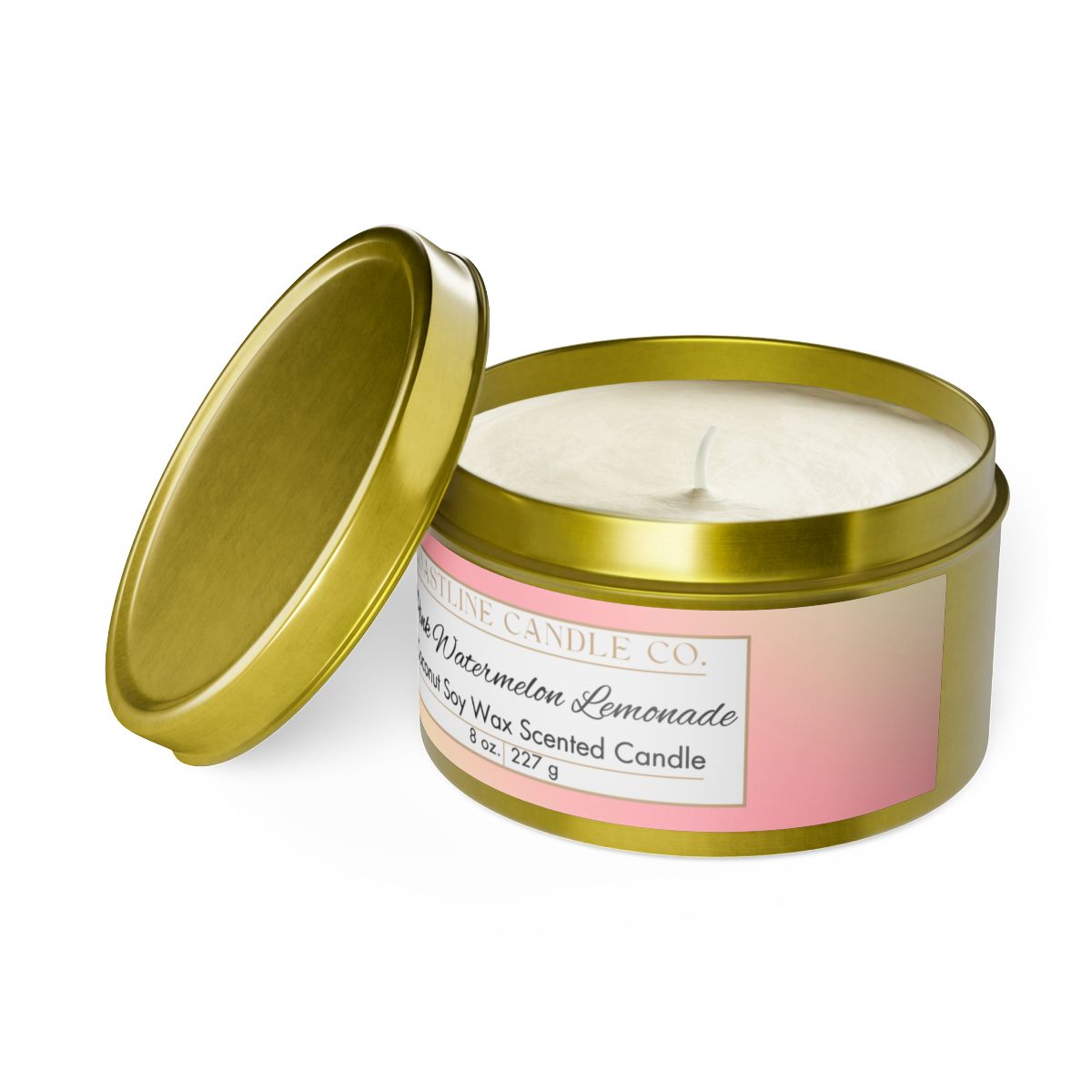 Pink Watermelon Lemonade Scented Coconut Soy Wax Candle, 8 oz. Gold Tin Jar with Lid