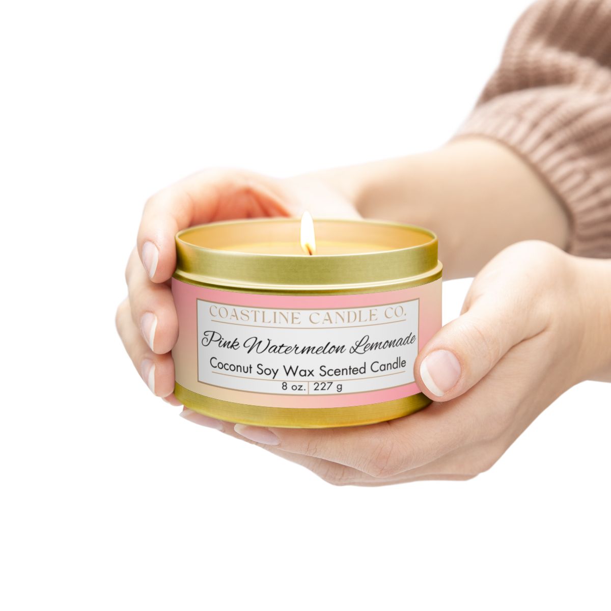 Pink Watermelon Lemonade Scented Coconut Soy Wax Candle, 8 oz. Gold Tin Jar with Lid