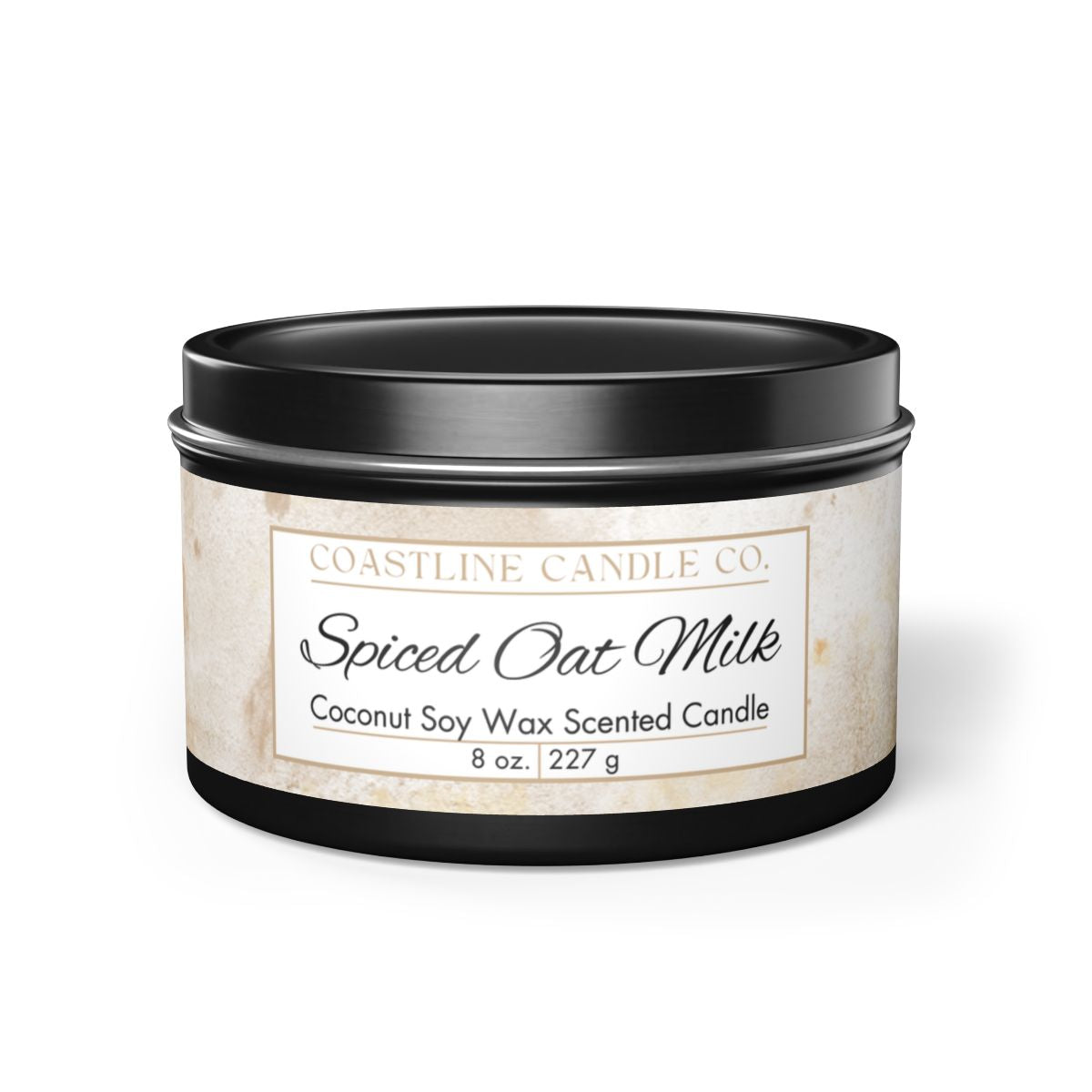 Spiced Oat Milk Scented Coconut Soy Wax Candle, 8 oz. Black Tin Jar with Lid