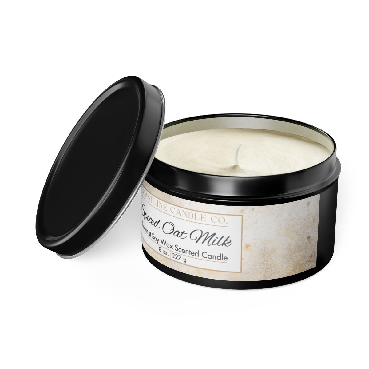 Spiced Oat Milk Scented Coconut Soy Wax Candle, 8 oz. Black Tin Jar with Lid