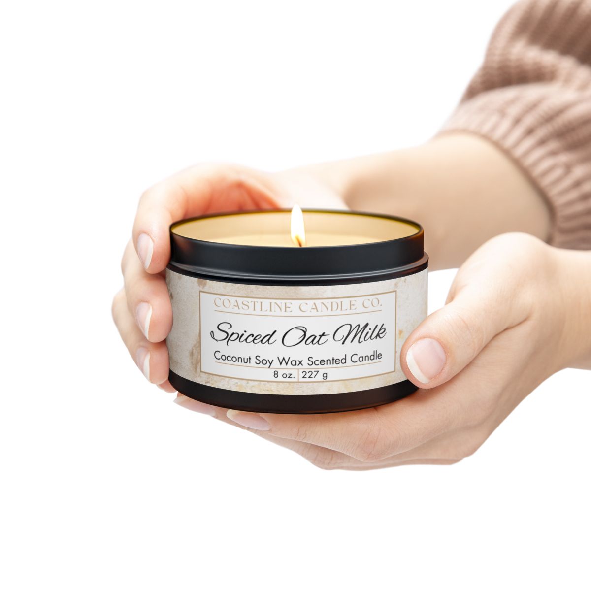 Spiced Oat Milk Scented Coconut Soy Wax Candle, 8 oz. Black Tin Jar with Lid