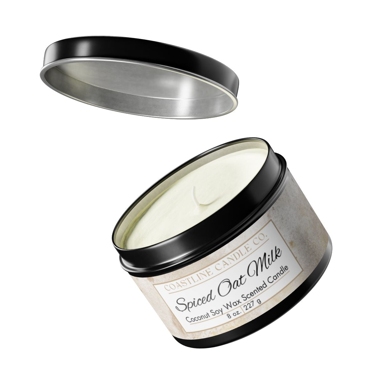 Spiced Oat Milk Scented Coconut Soy Wax Candle, 8 oz. Black Tin Jar with Lid