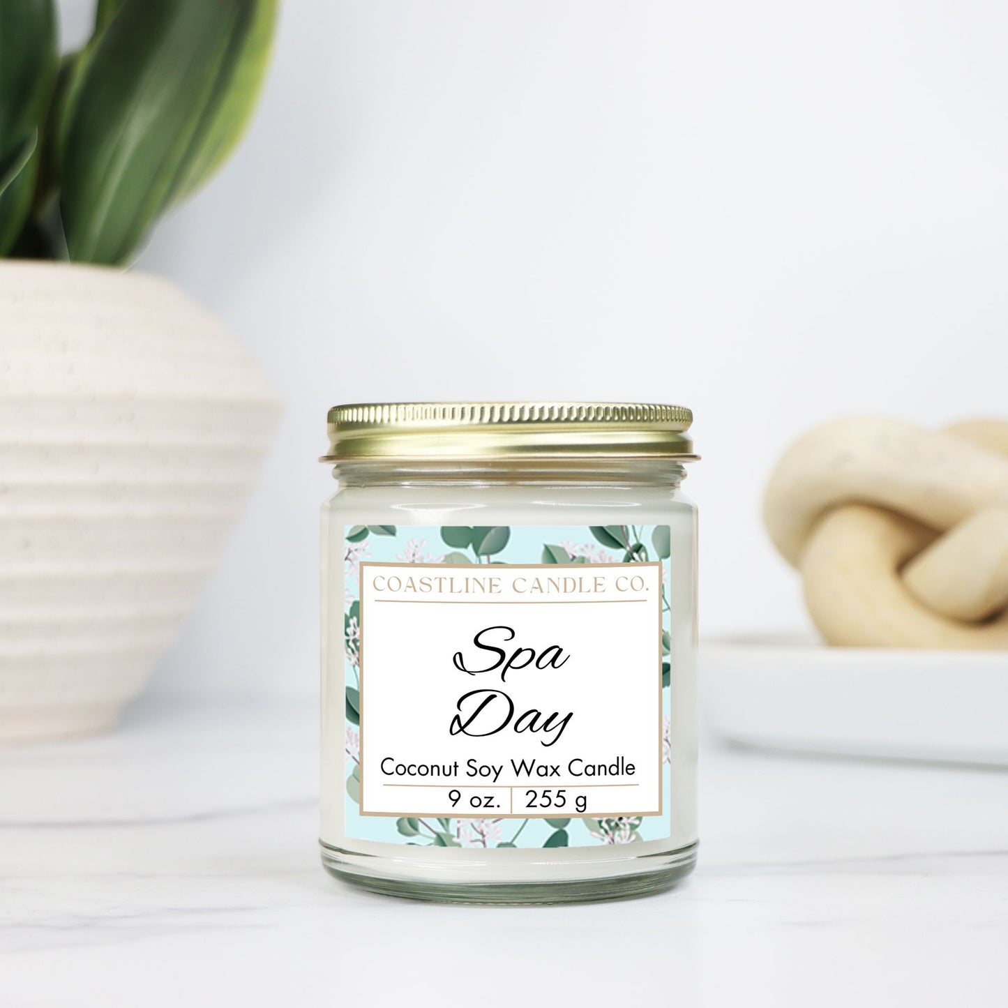 Spa Day Scented 9 oz. Coconut Soy Wax Candle, Clear Jar with Gold Lid, Cotton Wick