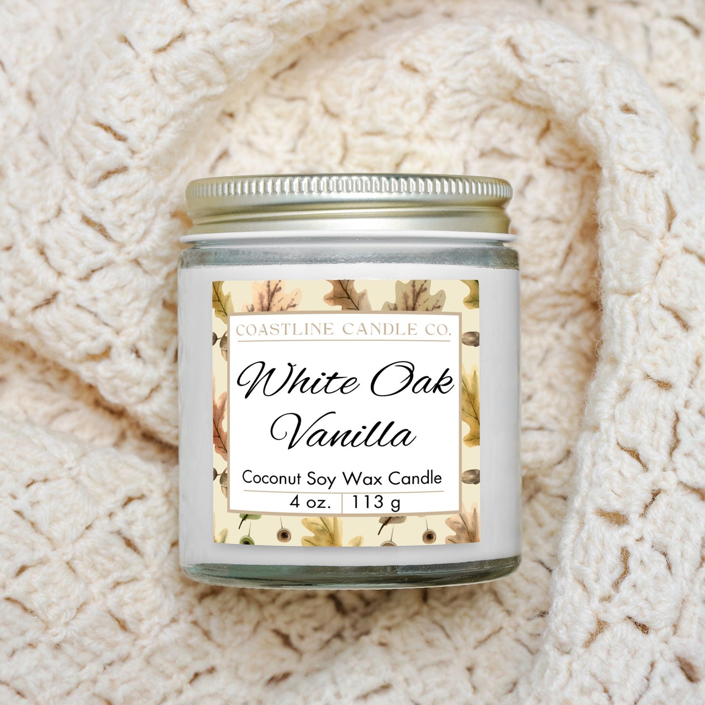 White Oak Vanilla Scented 4 oz. Coconut Soy Wax Candle, Clear Jar with Gold Lid, Cotton Wick