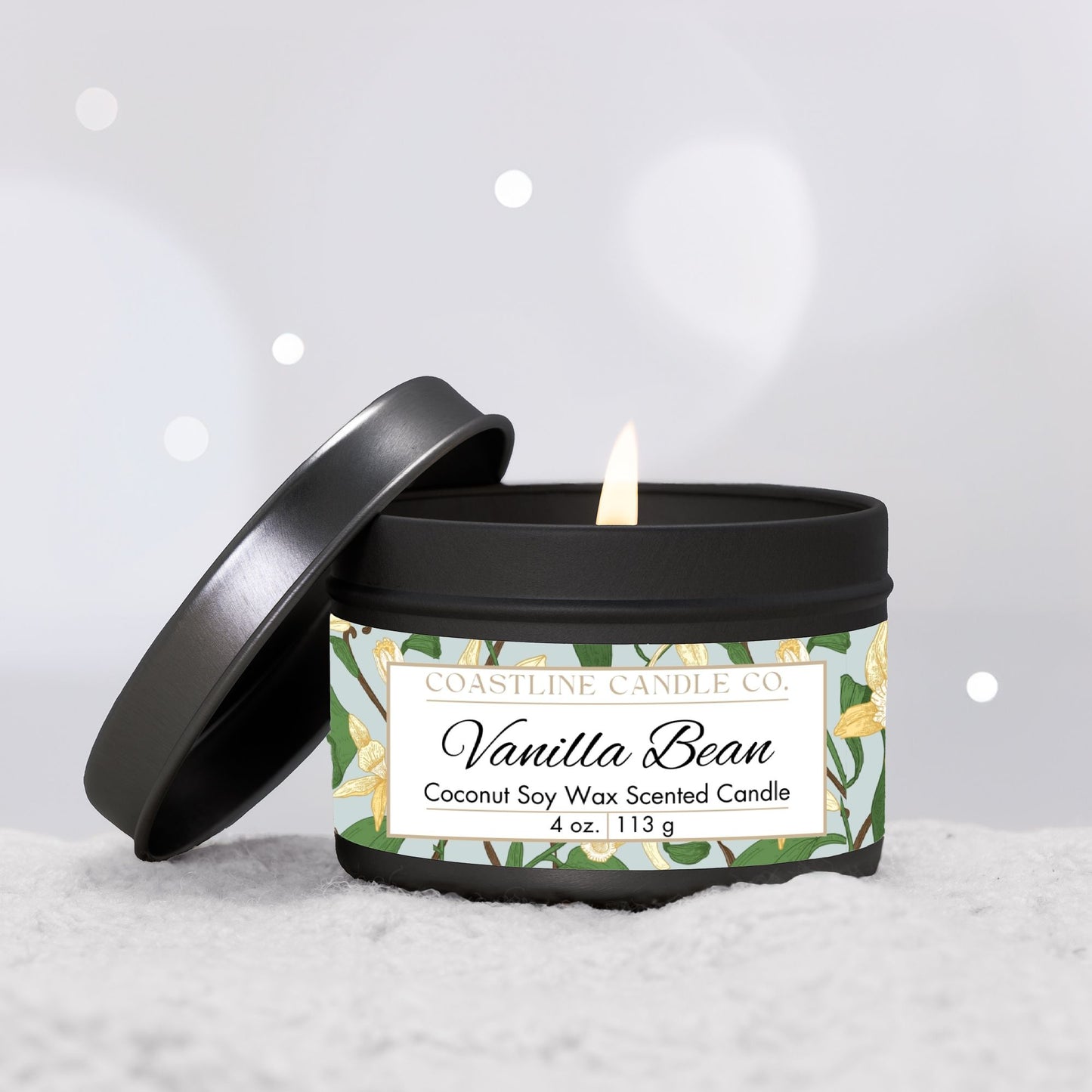 Vanilla Bean Scented Coconut Soy Wax Candle, 4 oz. Black Tin Jar with Lid
