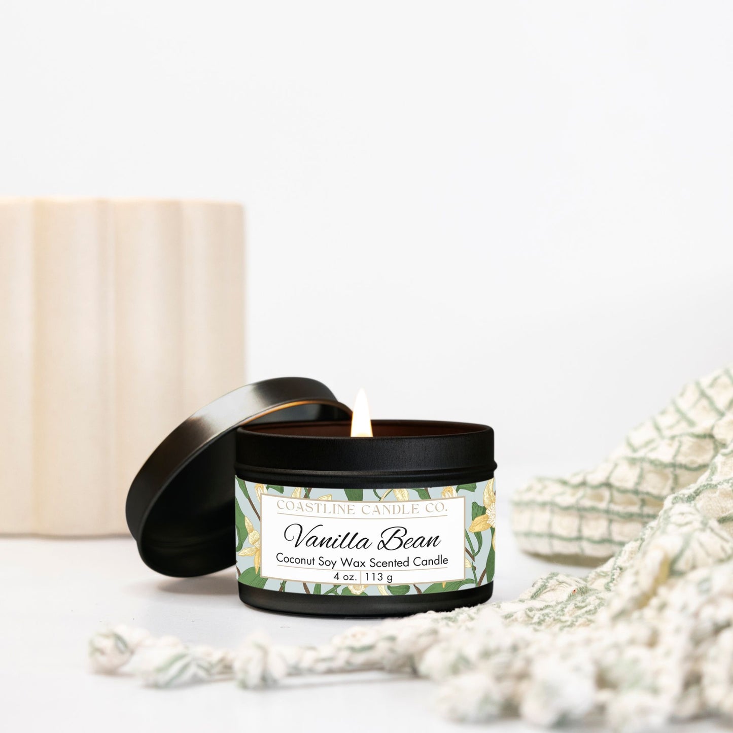Vanilla Bean Scented Coconut Soy Wax Candle, 4 oz. Black Tin Jar with Lid
