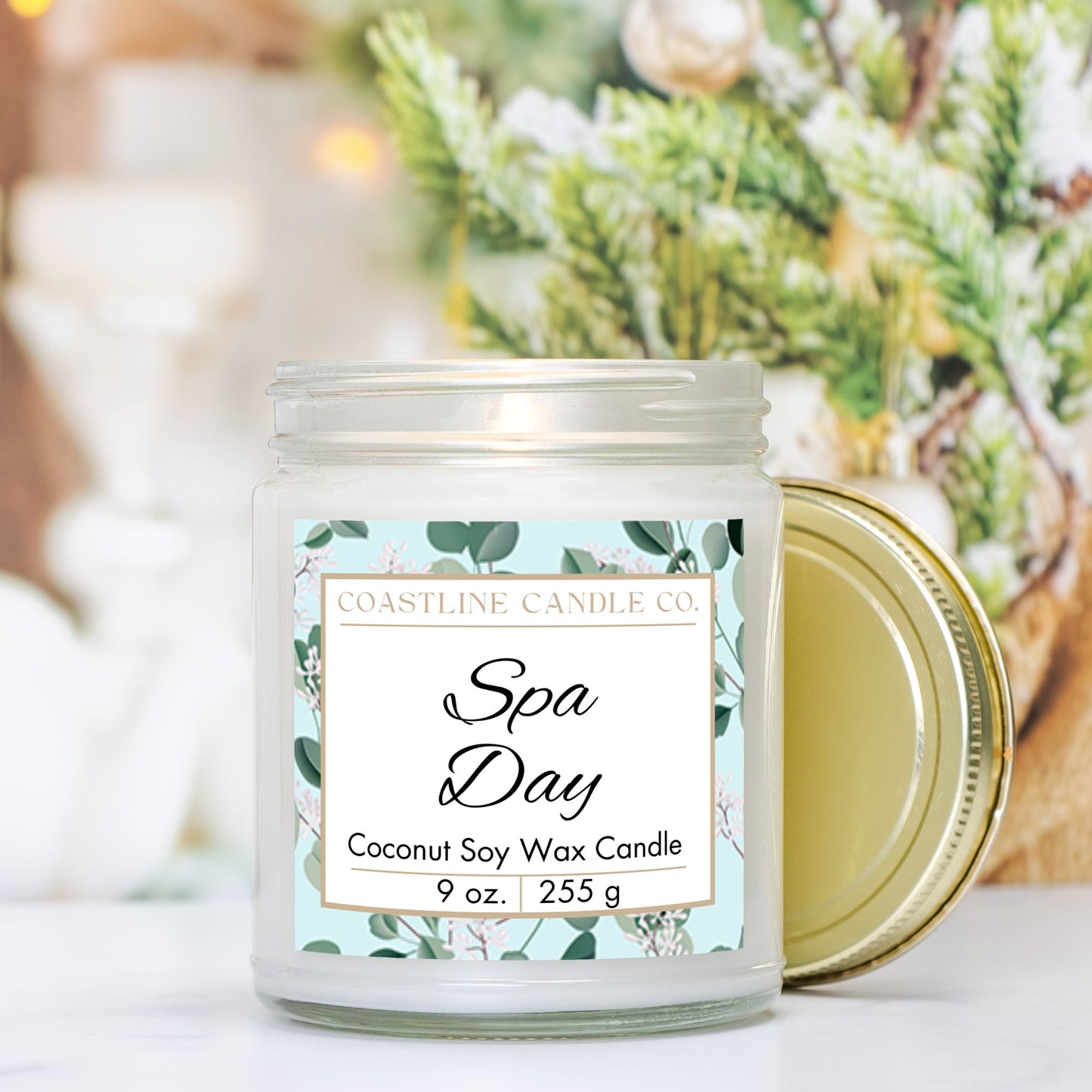 Spa Day Scented 9 oz. Coconut Soy Wax Candle, Clear Jar with Gold Lid, Cotton Wick